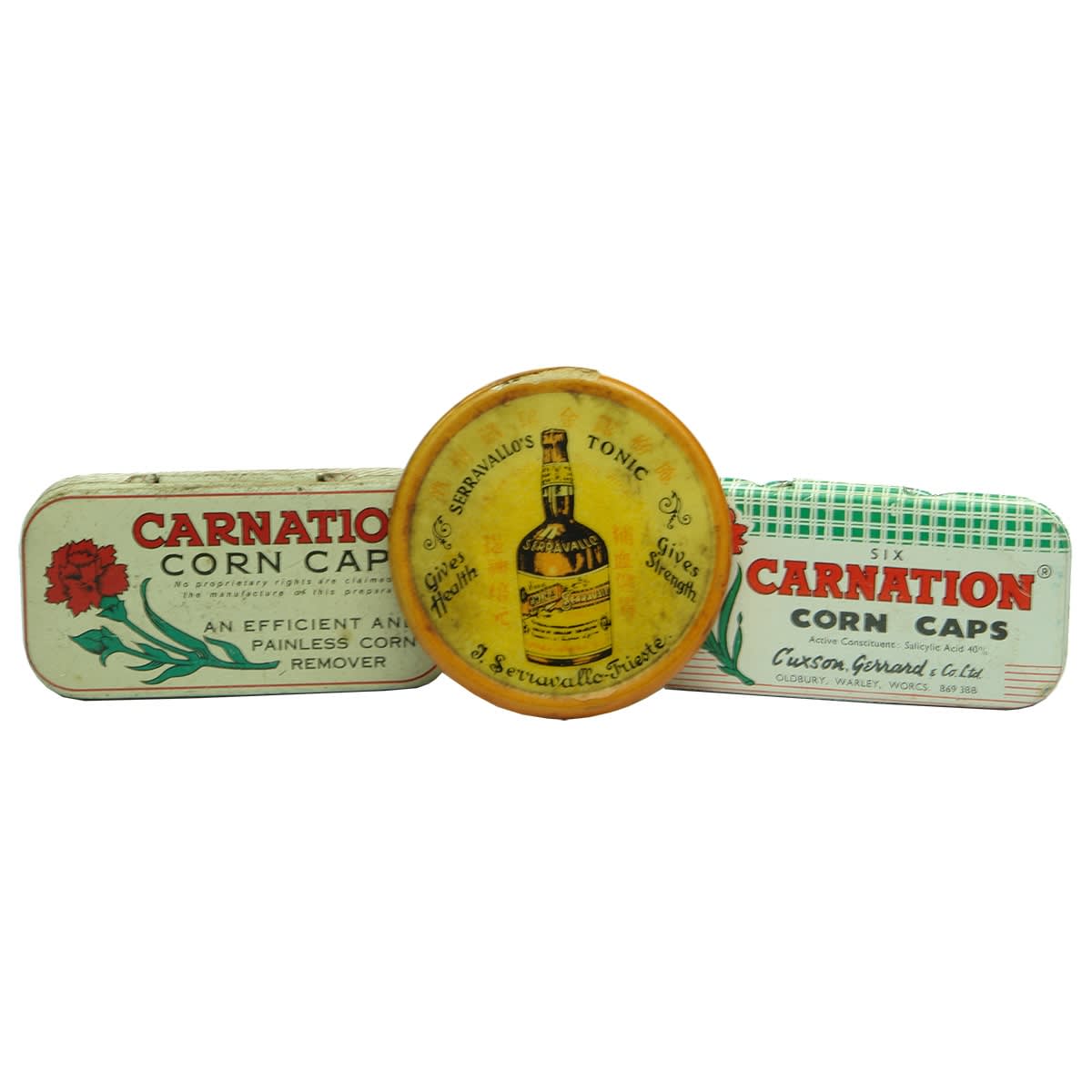 14 Tins. 2 x Carnation Corn Caps; Serravallo's Tonic; DeWitt's Antacid Powder; Sanitol Talcum; Fasteeth; Elastoplast; Band-Aid Elastic; Nivea Creme; Watkins Petro-Carbo Salve; Fullers Earth; Nyal Figsen; Sucrets; Thoro Menthol Drop Pastilles.