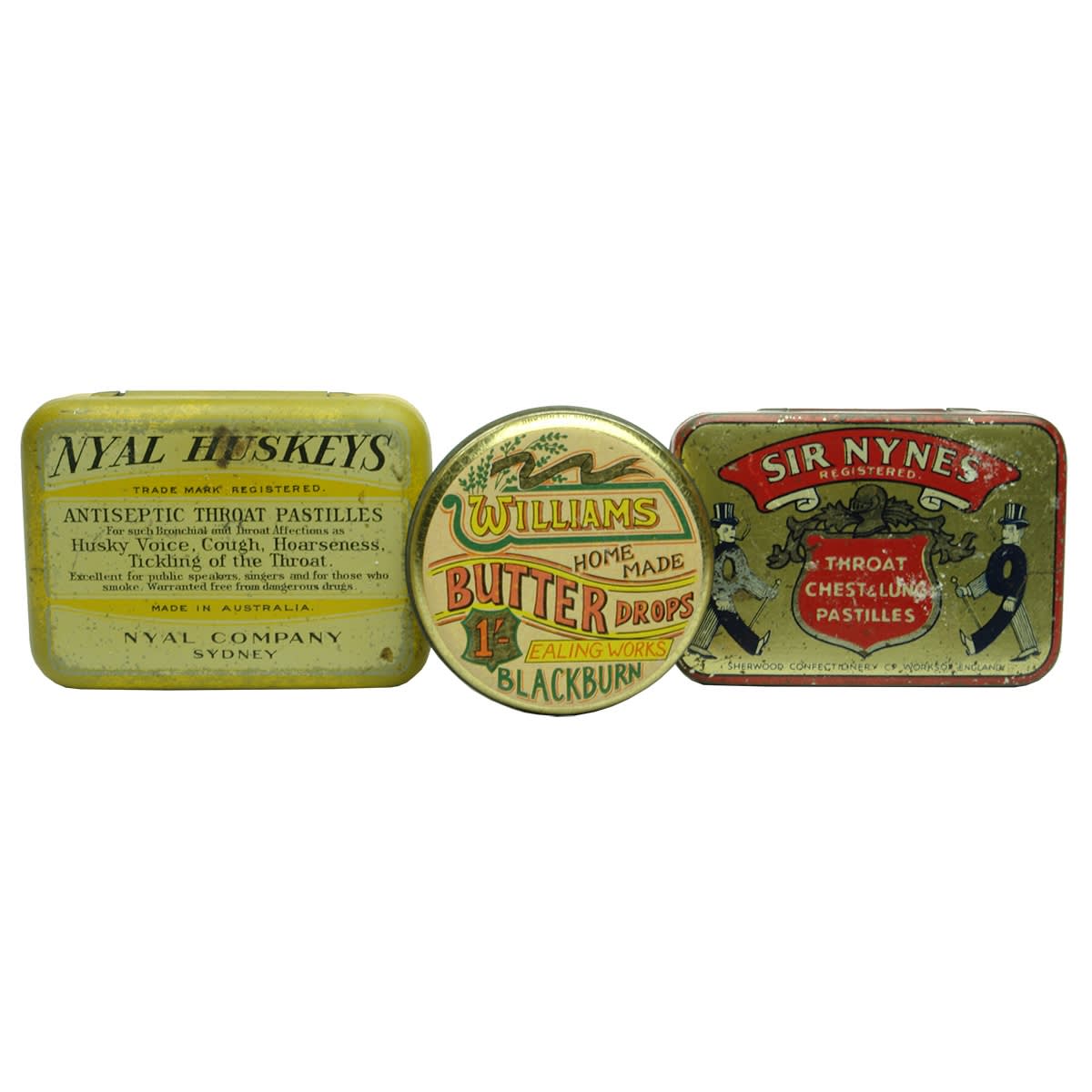 12 Tins. 1. Nyal Huskeys; Williams Butter Drops; Sir Nynes Pastilles; Puretest A. S. A. Tablettes; "Granola" Digestive Biscuits; Cascarets Candy Cathartic; Rawleigh's Salve; Rawleigh's Ointment; Regesan Lozenges x 2; Sanatogen; Rudduck, Worm Powder.