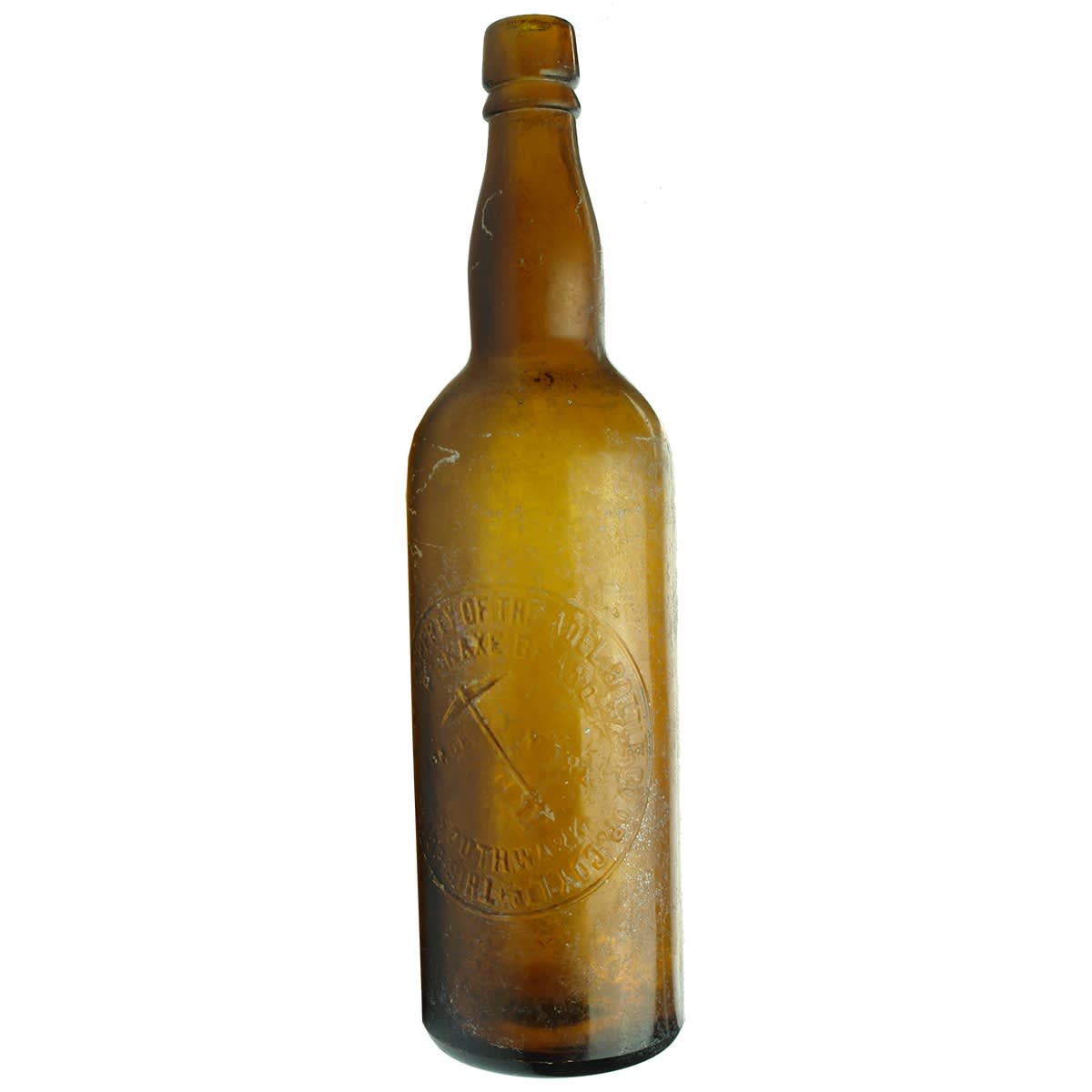 2 Pickaxe Brand Fortified Wines: Amber Southwark with large round badge; Later one with embossing at base edge and original Orlando, G. Gramp & Sons Sweet Sherry label. (South Australia)