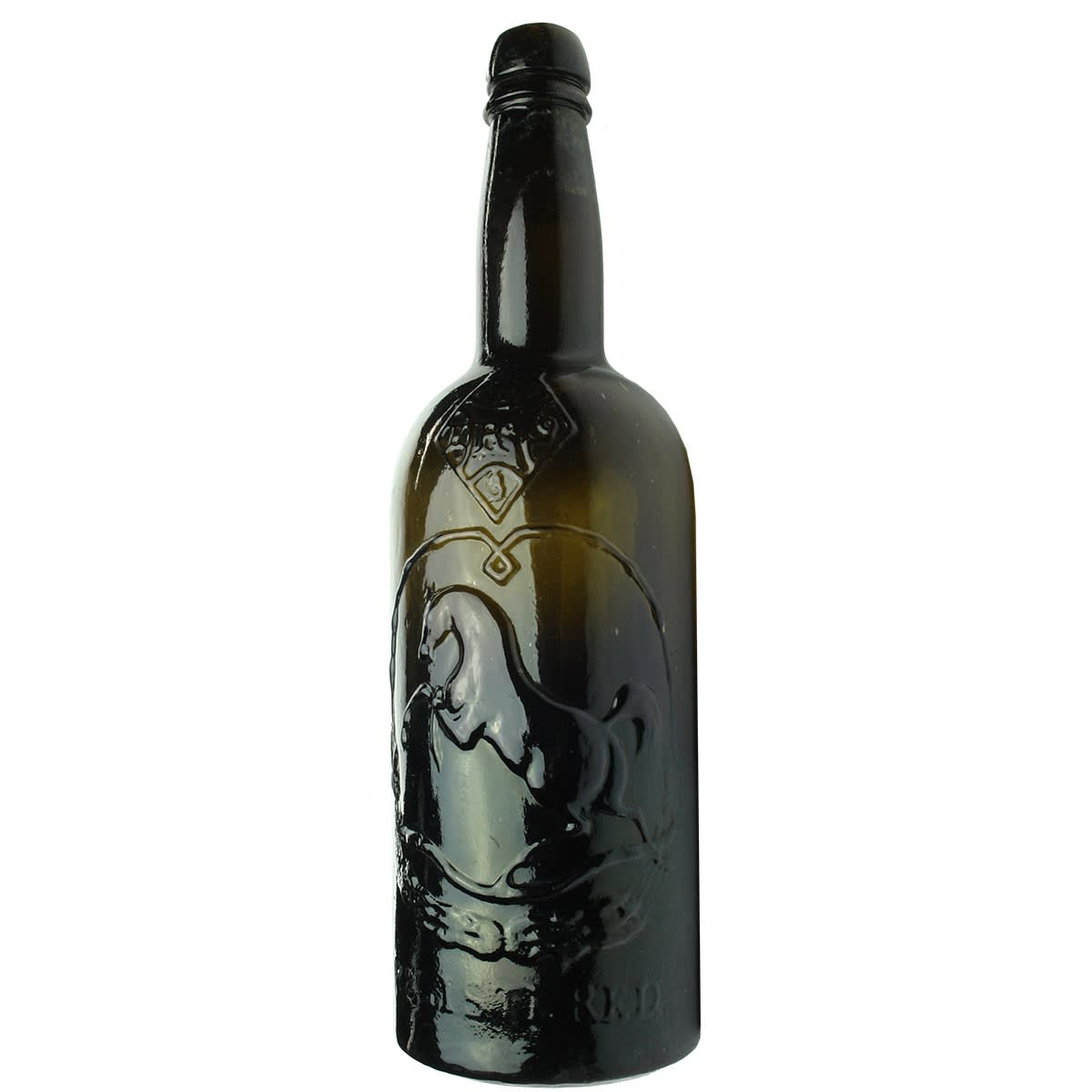 Beer. Black Horse Ale. Black Glass. Tall. 26 oz. Straight sided top. (Tooth & Co Kent Brewery)