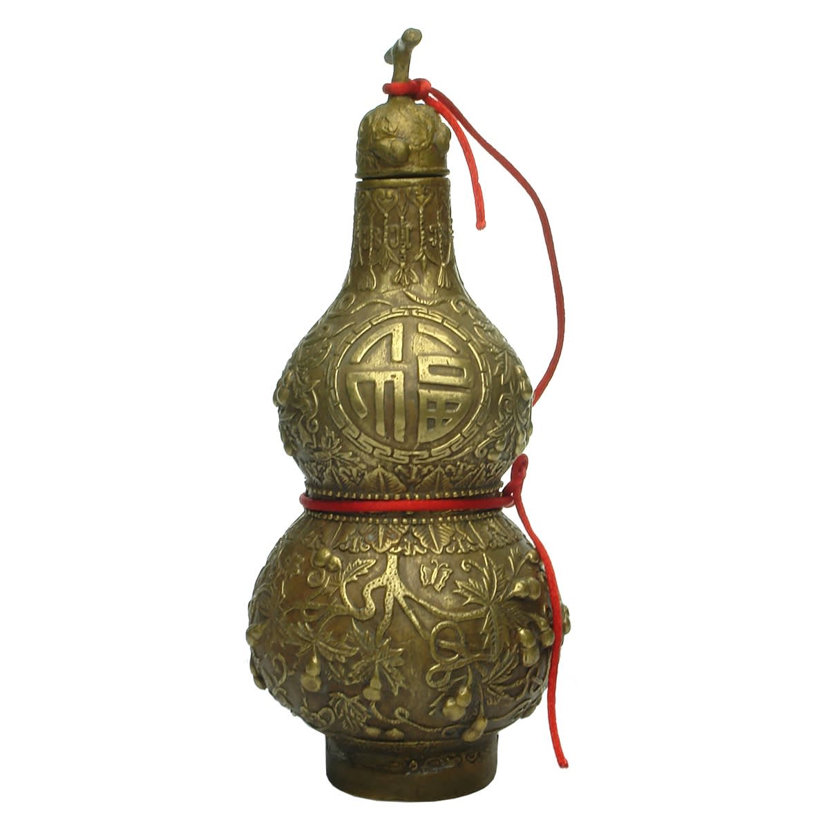 Gourd like Brass bottle and stopper. Chinese like Characters to base.