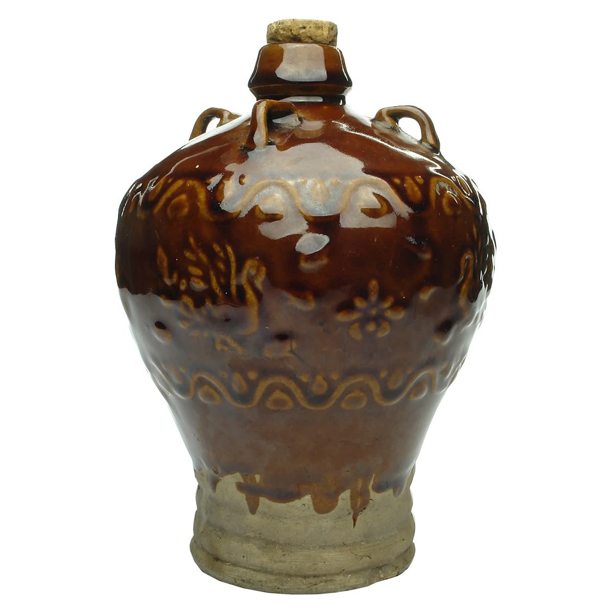 Chinese like pottery. Wine jar with loops to shoulder. Brown glaze. Decoration. Unglazed base.