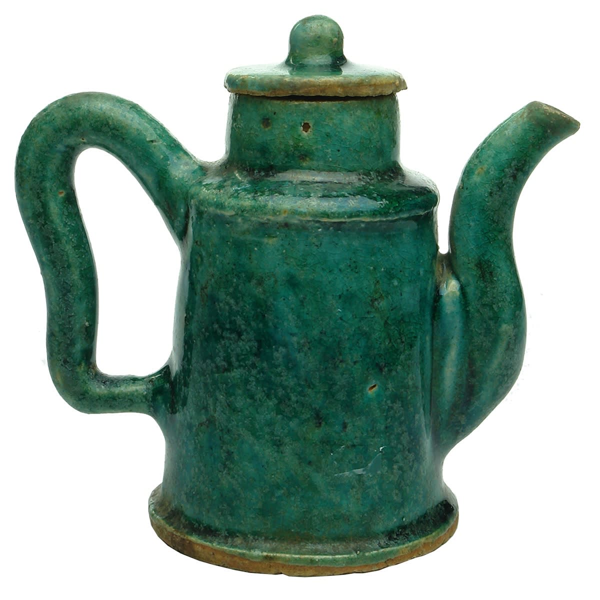 Chinese. Jade Coloured Chinese Teapot with Lid. Characters Under Base. 105 mm. (China)