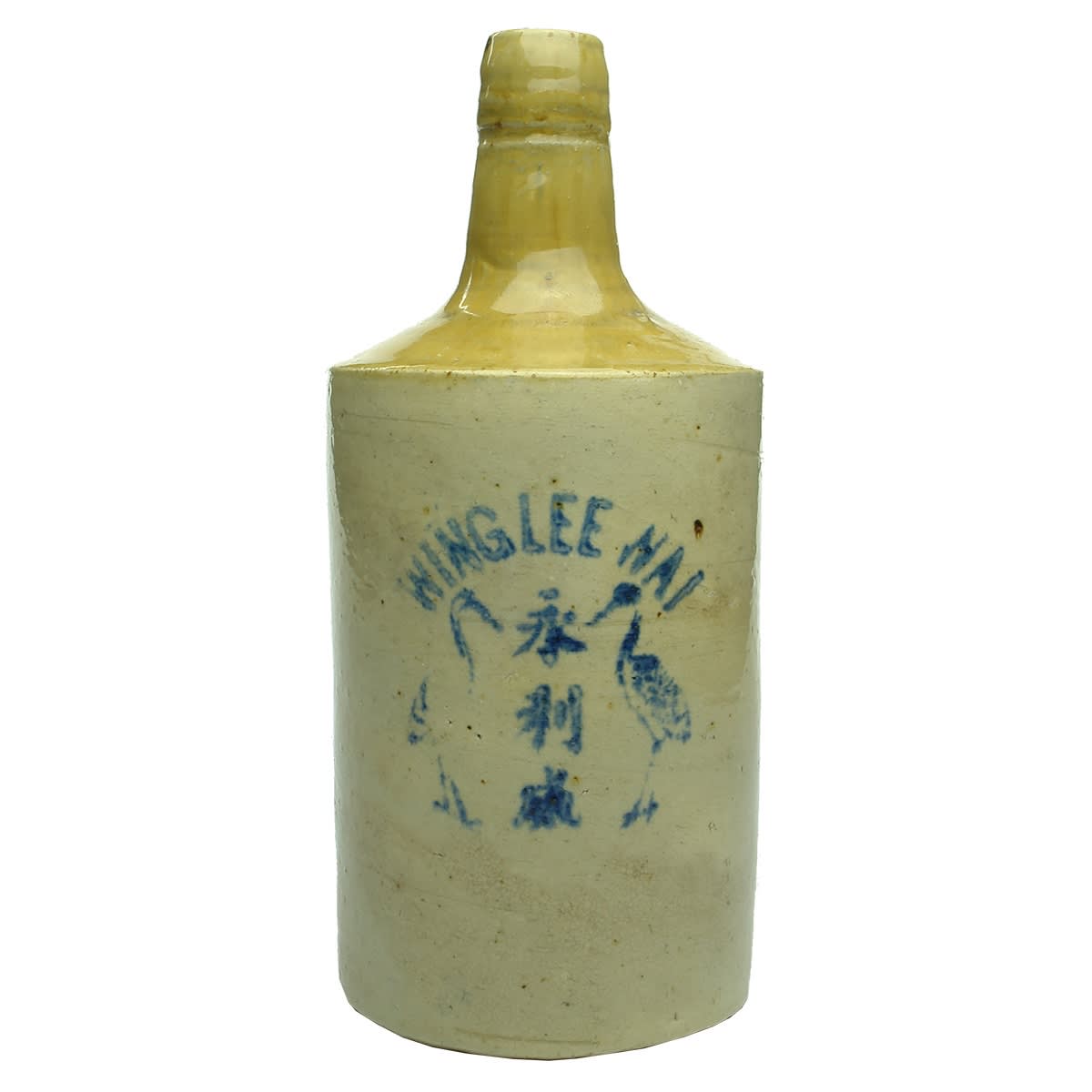 Chinese. Wing Lee Wai. Two Storks with 3 Chinese Characters Between. Rice Wine. Tan Top. Blue Print. 32 oz. (China)