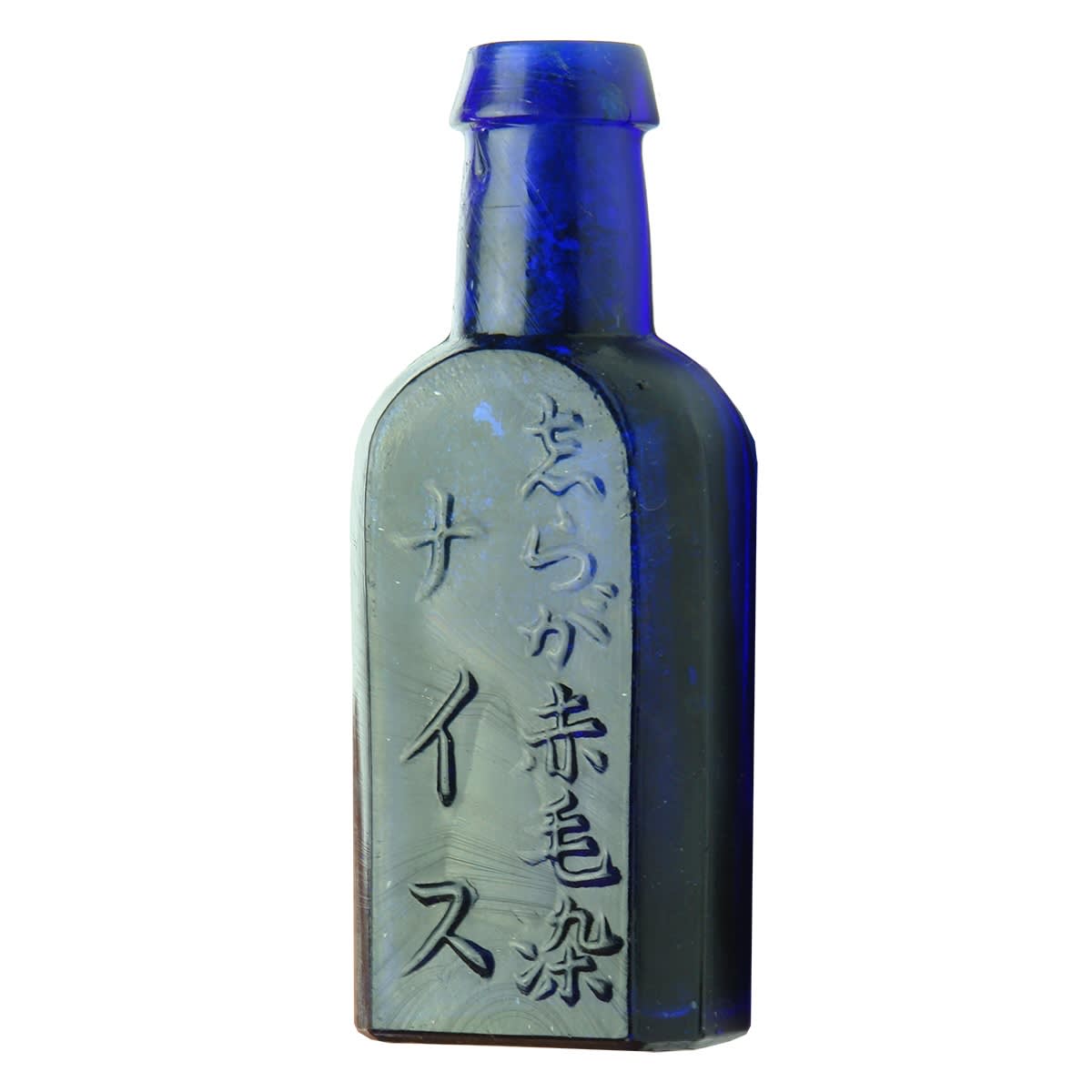 Chinese. Cobalt small bottle with characters down front. T. M to base. 1/2 oz.