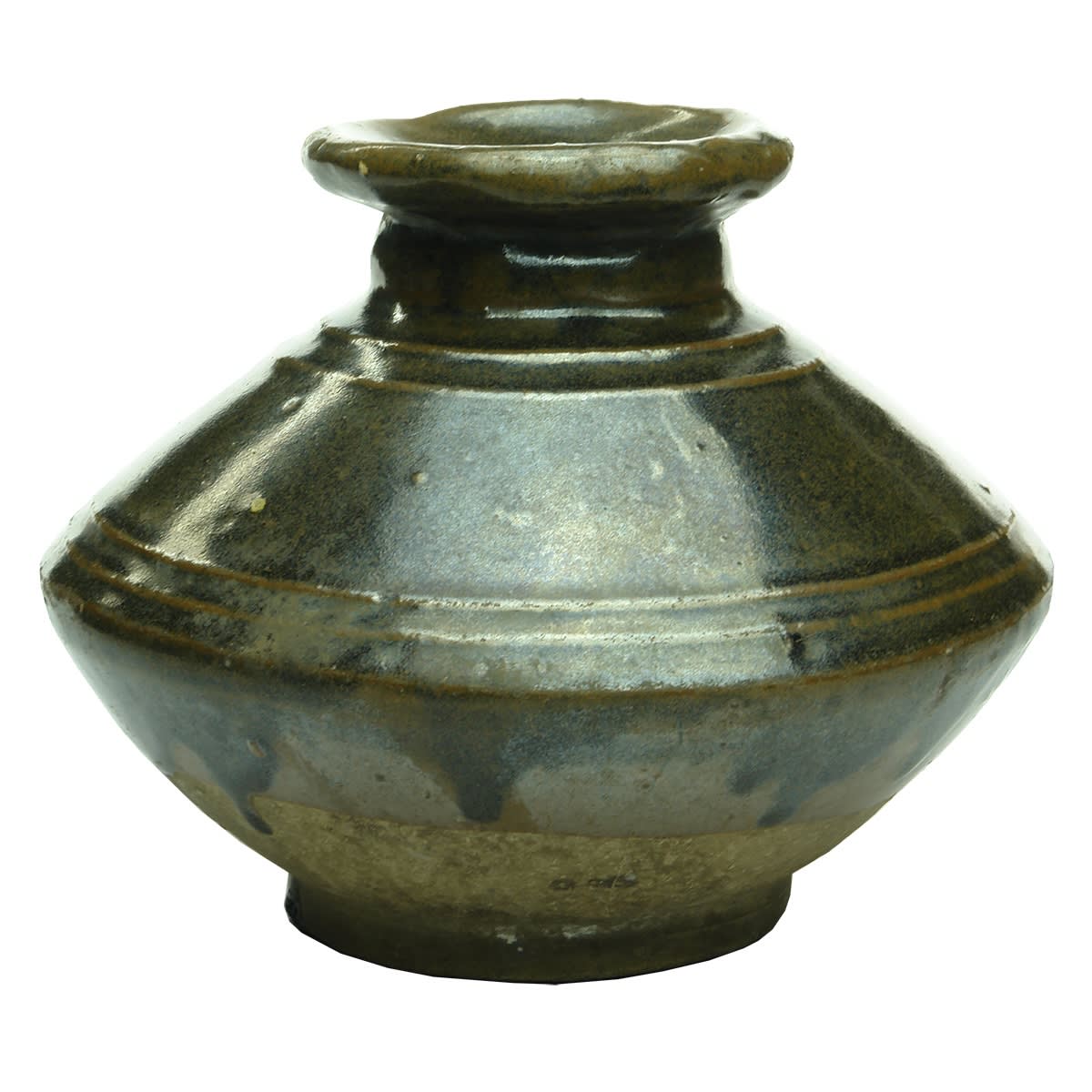 Chinese. Wide, squat jar with narrow neck, flared lip and symbol to shoulder. Chocolate glaze.