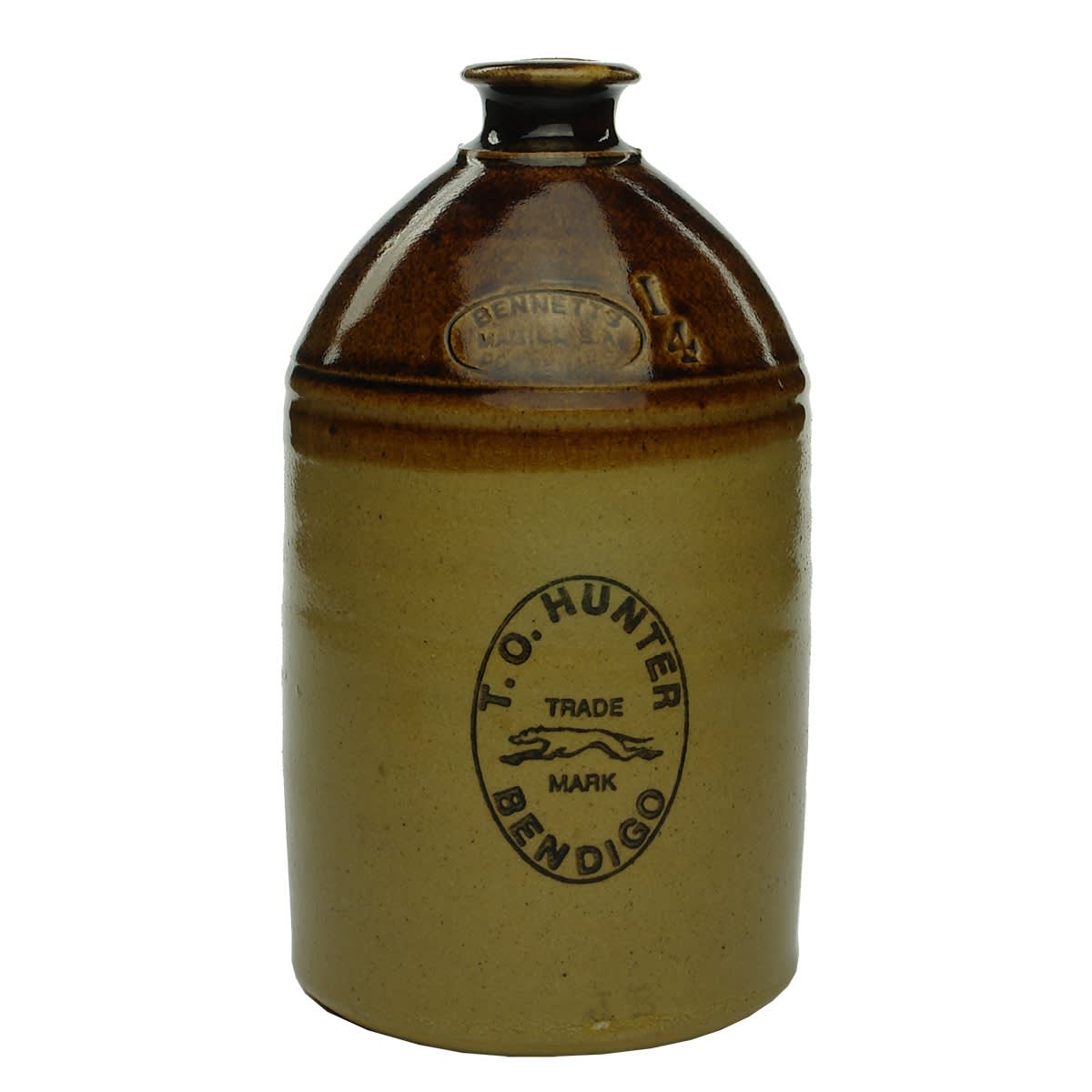 Demijohn. T. O. Hunter, Bendigo. Bennetts Magill Potteries. Chocolate Top. 1 Quart. (Reproduction). (Victoria)