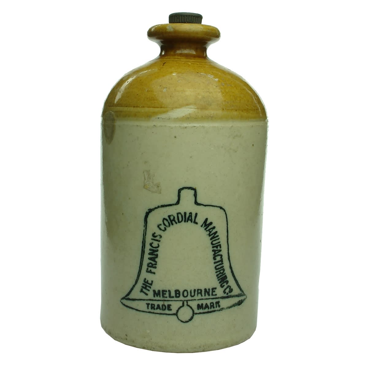 Demijohn. The Francis Cordial Manufacturing Co., Melbourne. Printed. Tan Top. Internal Thread. 1/2 Gallon. Original stopper. (Moonee Valley Company, Victoria)