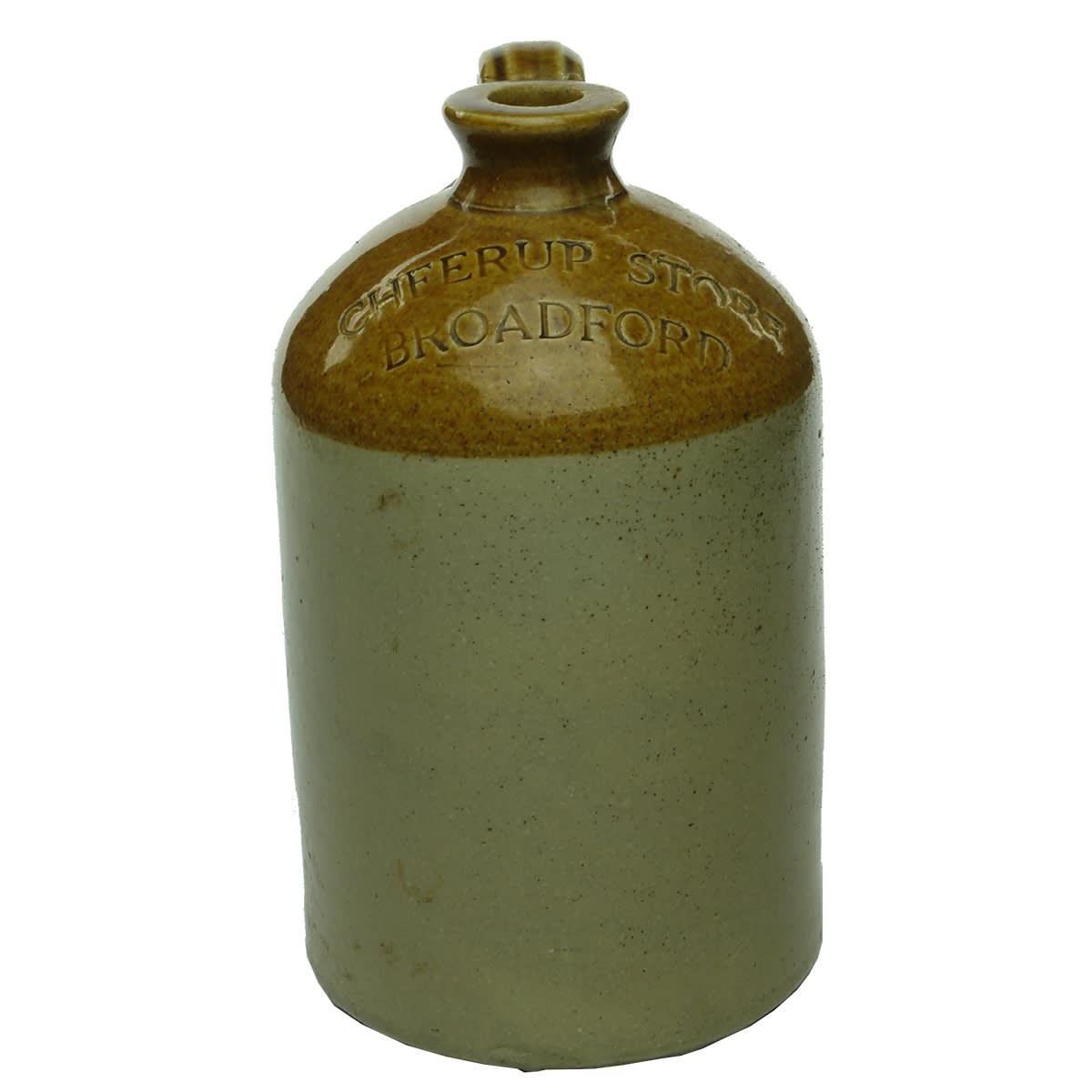 Demijohn. Cheerup Store, Broadford. Impressed. Tan Top. 1 Quart. (Victoria)
