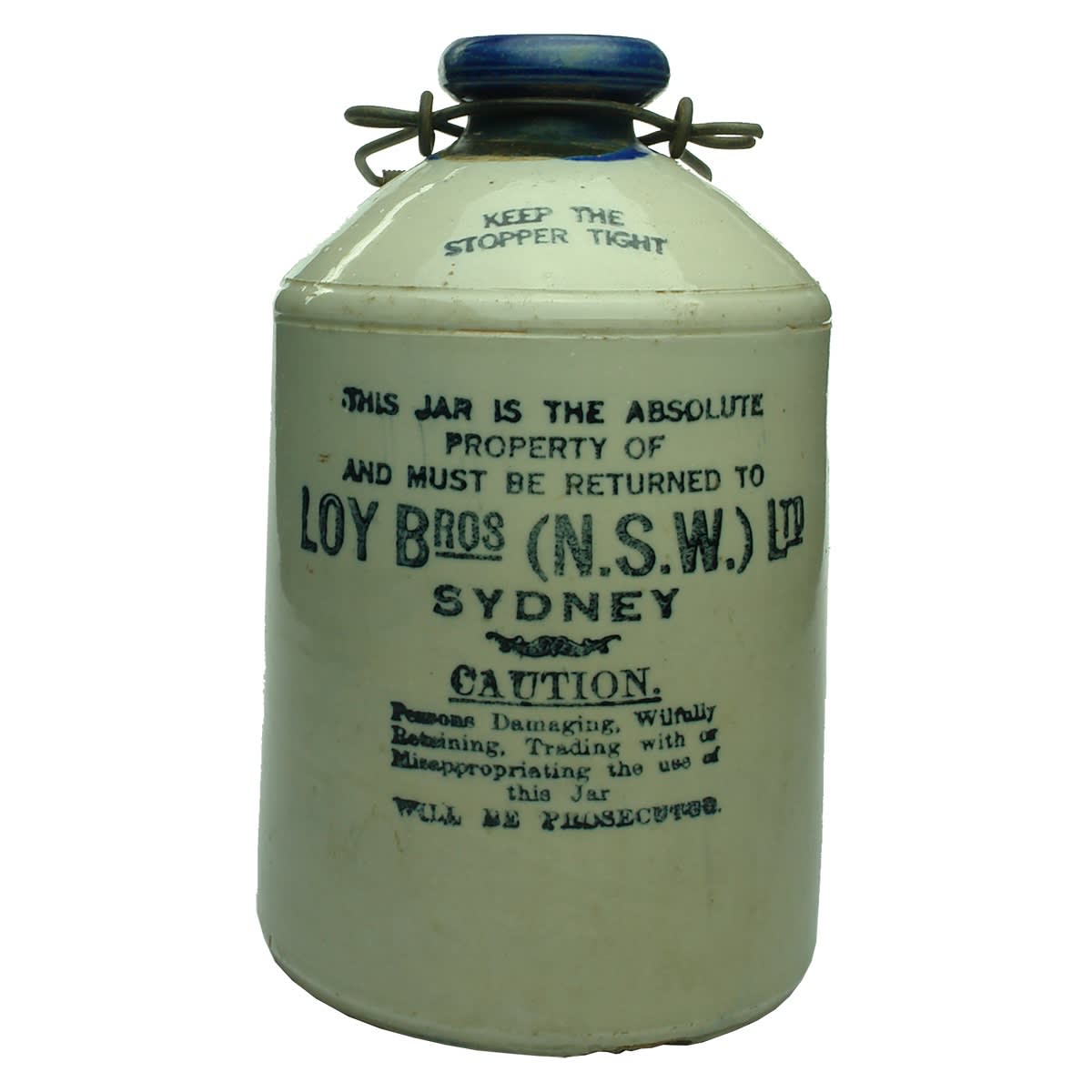 Demijohn. Loy Bros (N.S.W.) Ltd, Sydney. Blue Lip. 1/2 Gallon. (New South Wales)