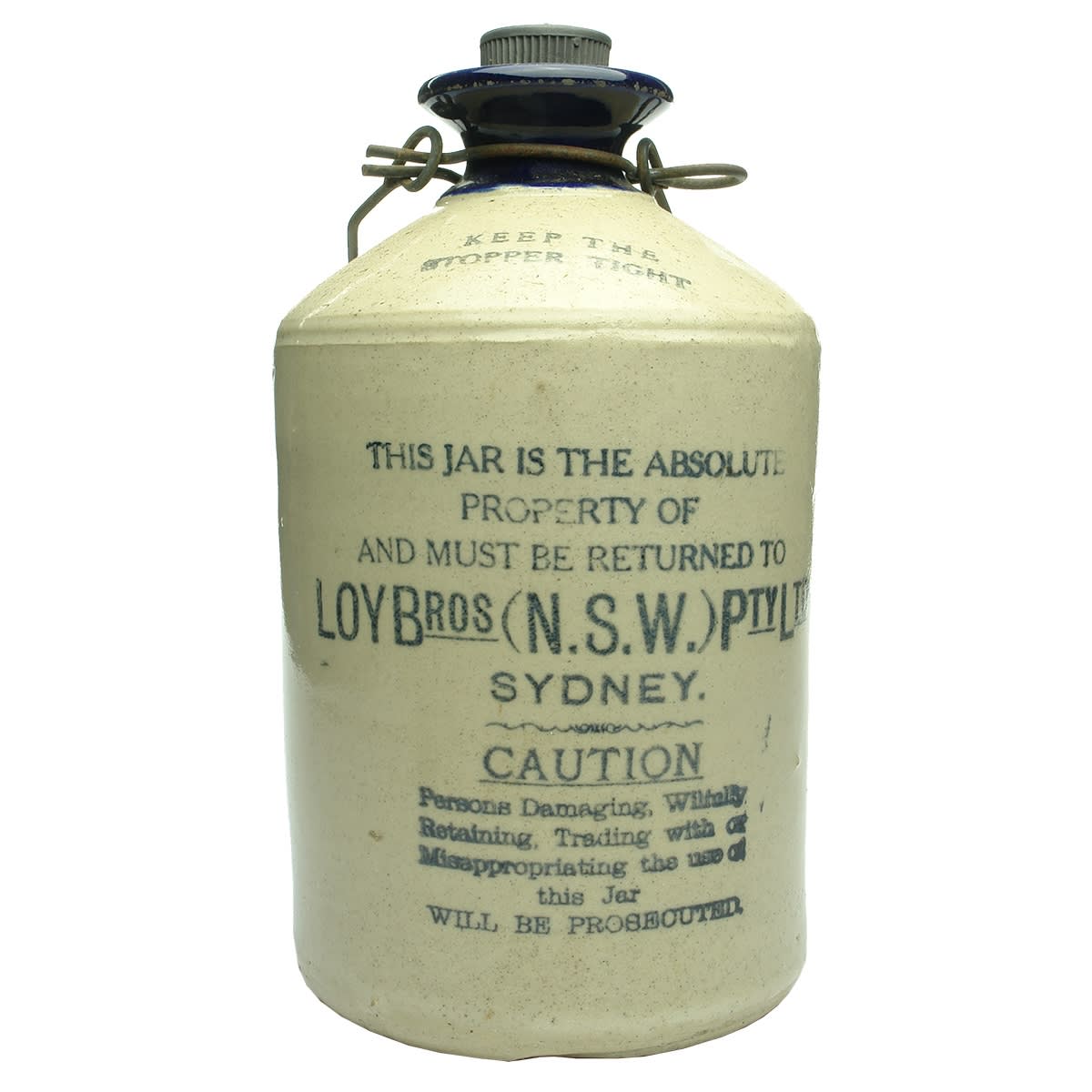Demijohn. Loy Bros (N. S. W.) Pty Ltd, Sydney. Blue Lip. Half Gallon. (New South Wales)