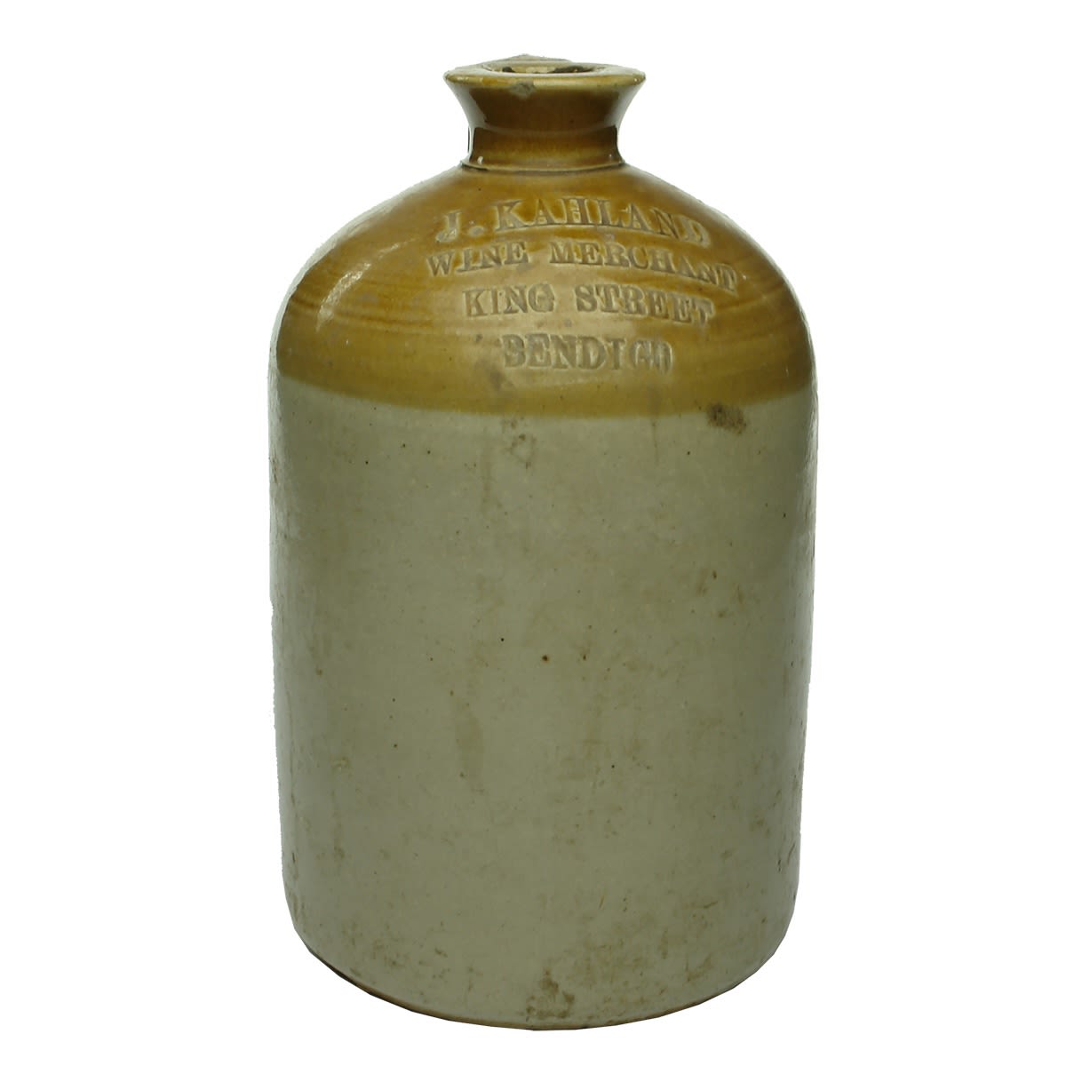 Demijohn. J. Kahland, Wine Merchant, King Street, Bendigo. Half Gallon. (Victoria)
