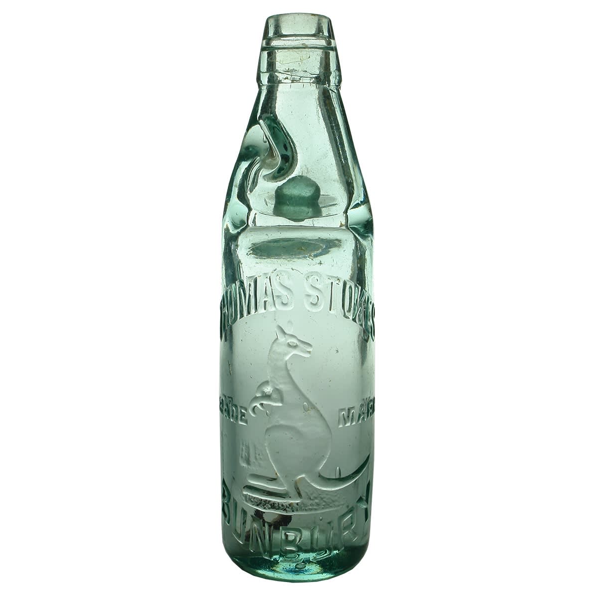 Codd. Thomas Stokes, Bunbury. Kangaroo. Wm Barnard maker. One Way Pour. Aqua. 10 oz. (Western Australia)