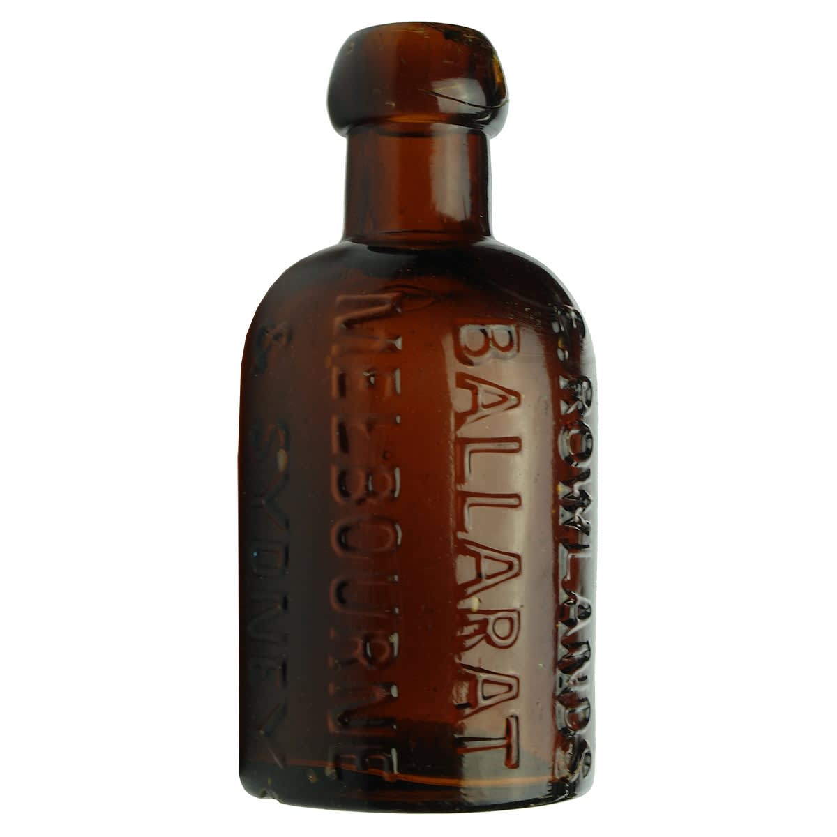 Blob Top. E. Rowlands, Ballarat, Melbourne & Sydney. MGB Co. Split size. 5 oz. Amber. (Victoria & New South Wales)