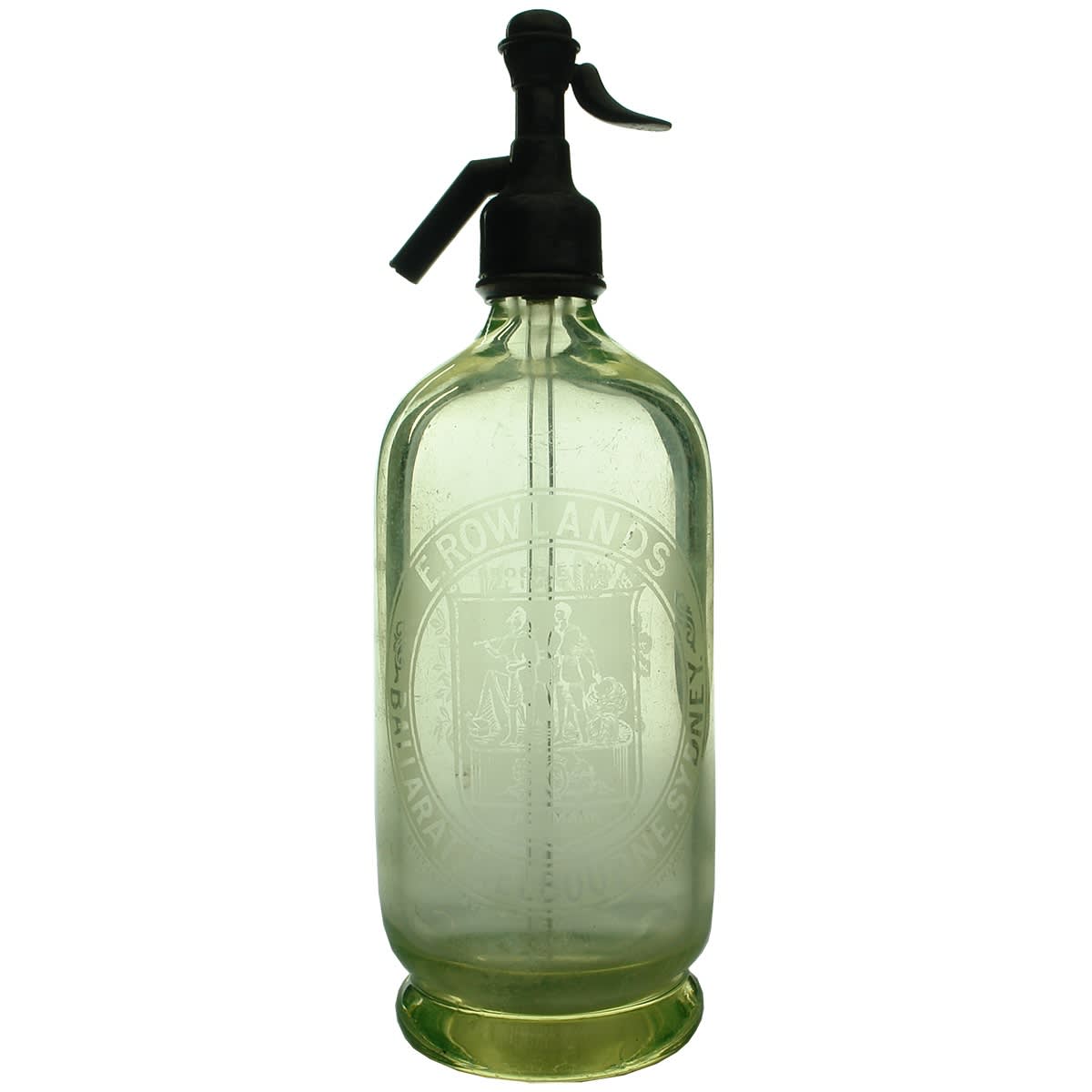 Soda Syphon. E. Rowlands, Ballarat, Melbourne & Sydney. Lime Green Uranium Glass. 30 oz. (Victoria & New South Wales)
