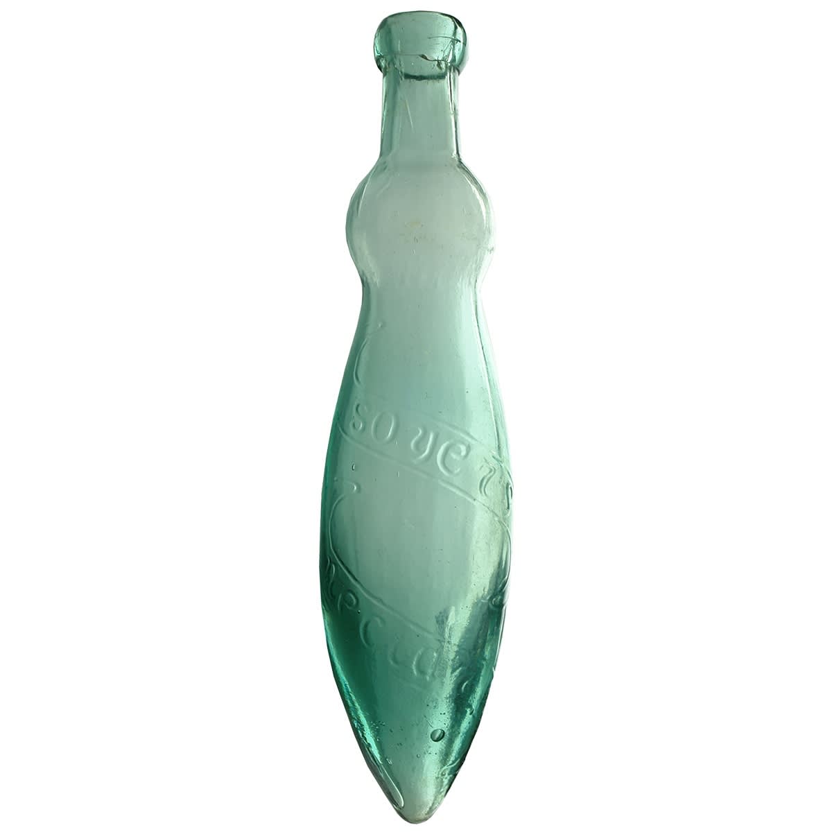 Torpedo. Soyer's Nectar. Narrow bottle with bulged neck. Aqua. 10 oz. (United Kingdom) (Late Kingsley Durdin Collection)