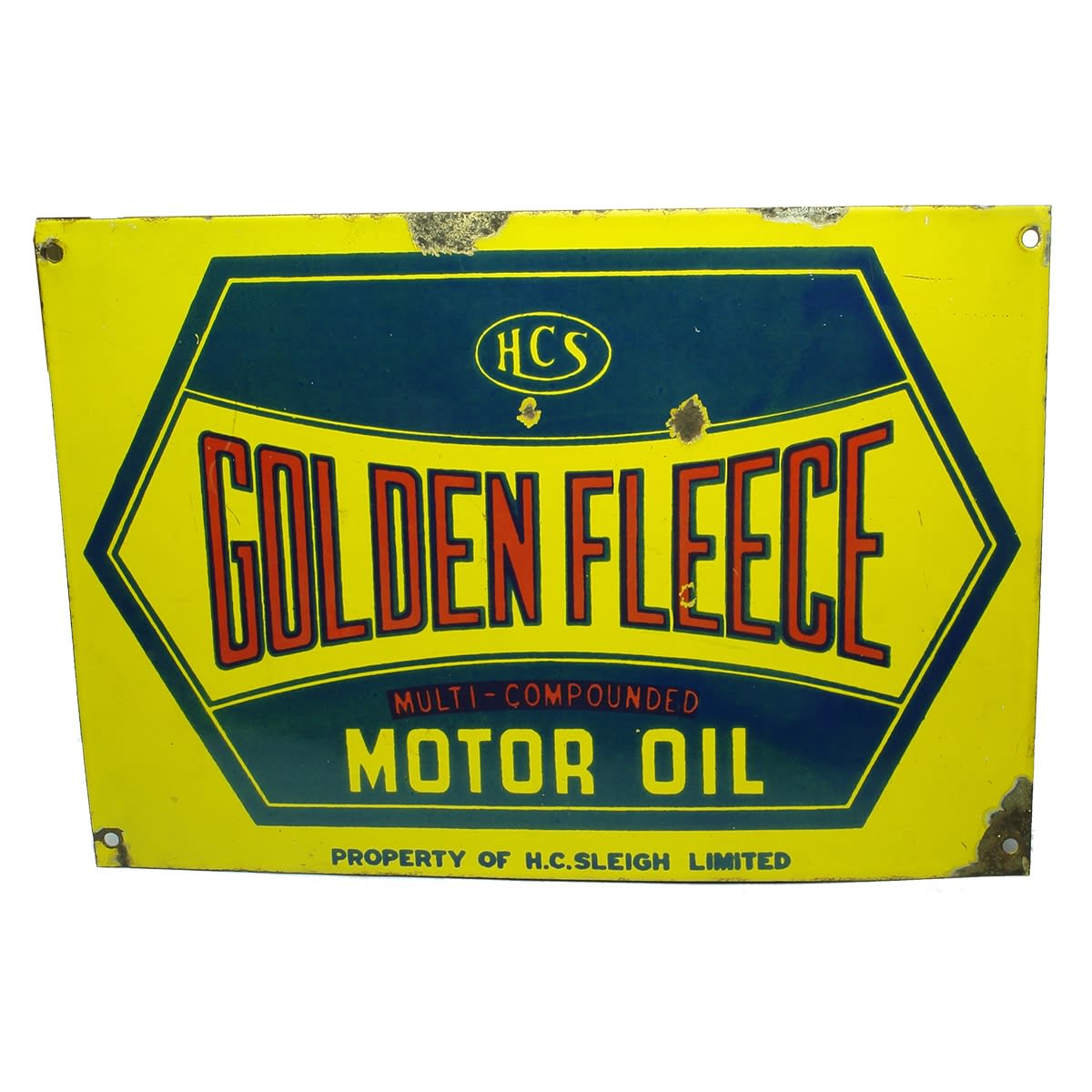 Enamel Sign. Golden Fleece Hex Multi-Compounded Motor Oil. H. C. Sleigh Limited. Oil Rack Sign.