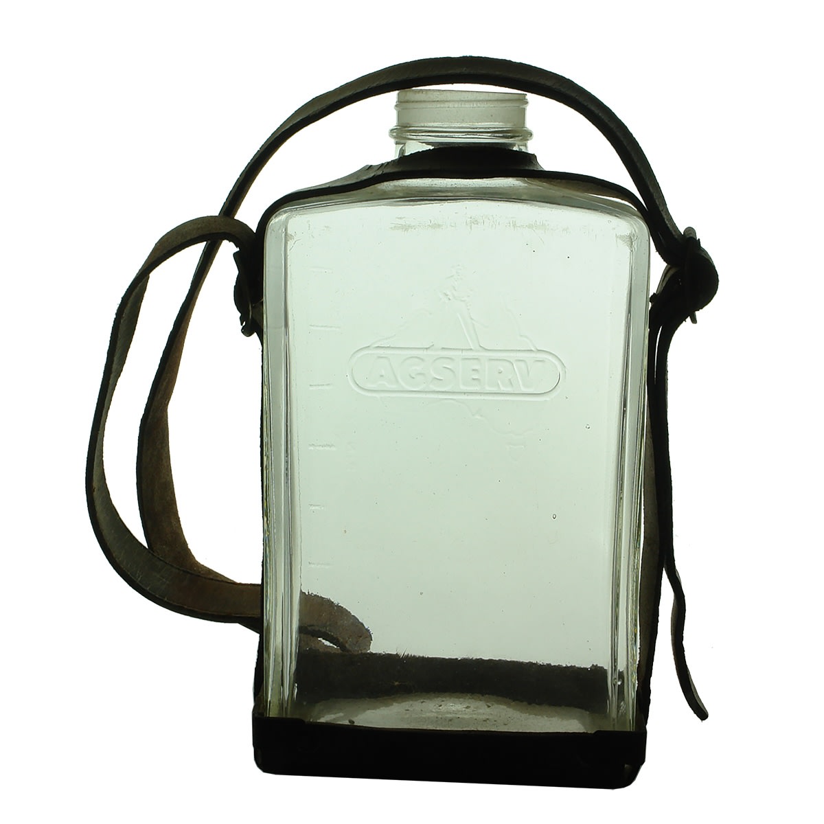 Farm Chemical Bottle. Agserv with Farmer and Map of Australia. In original leather carrier.