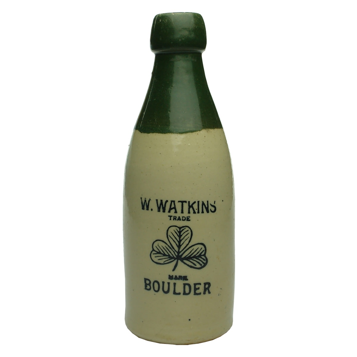 Ginger Beer. W. Watkins, Boulder. No potters stamp. Green Top. Champagne. (Western Australia)