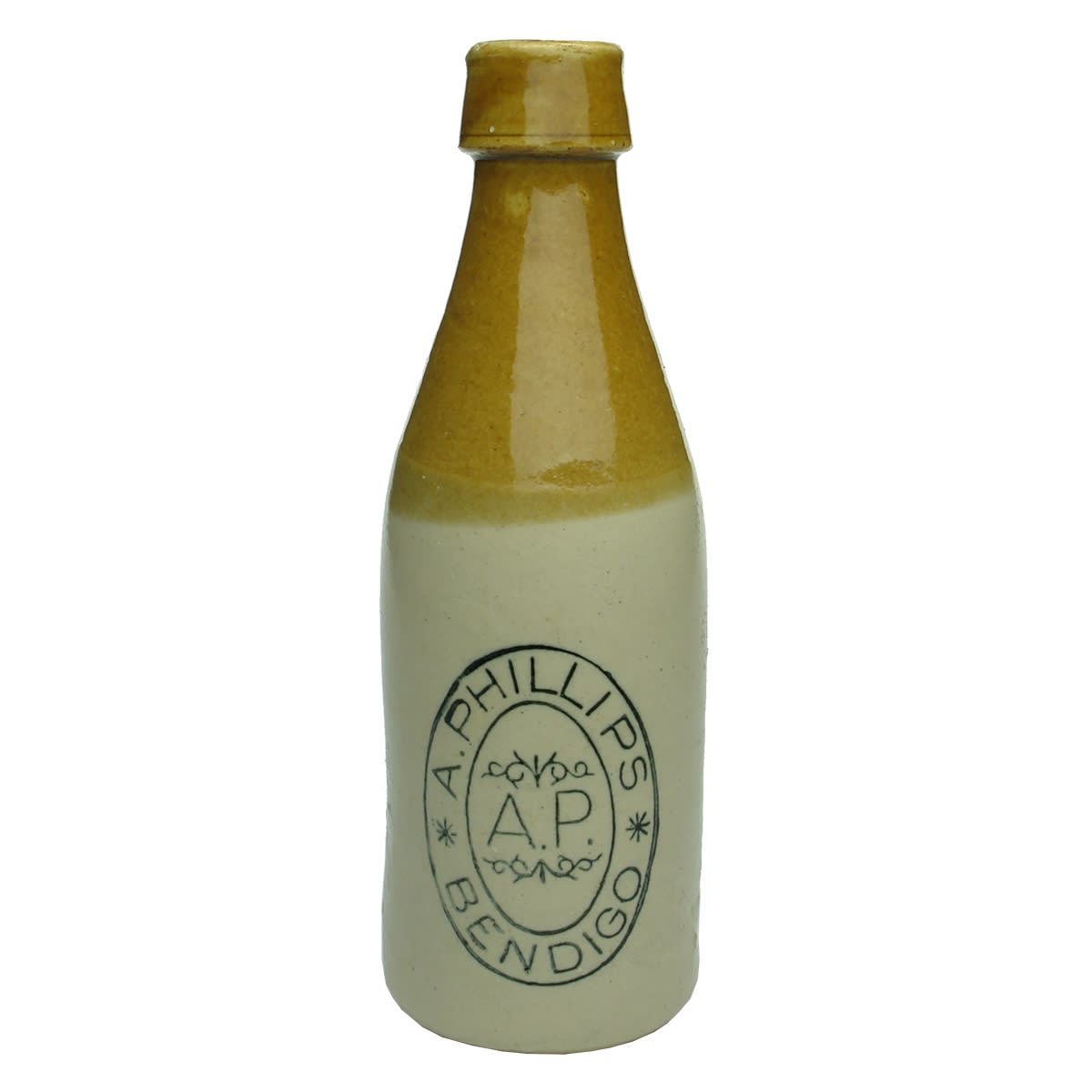 Ginger Beer. A. Phillips, Bendigo. Bendigo Pottery. Tan top. (Victoria)