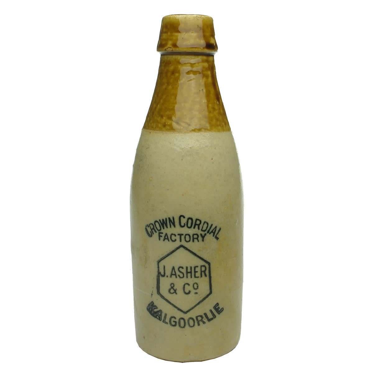 Ginger Beer. Crown Cordial Factory, J. Asher & Co., Kalgoorlie. Champagne. Tan Top. (Western Australia)
