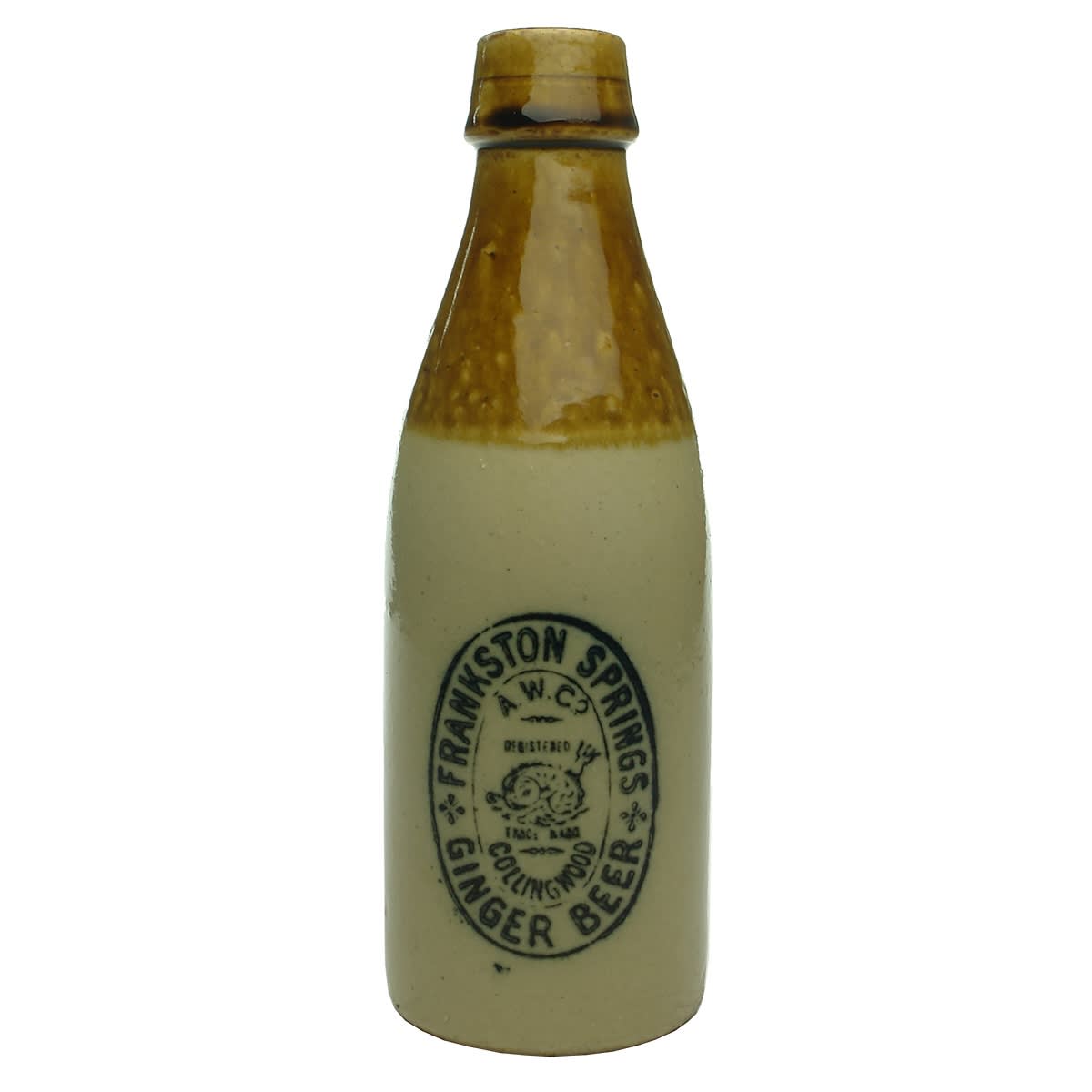 Ginger Beer. Frankston Springs A. W. Co., Collingwood. Tan Top. Dolphin trade mark. (Victoria)
