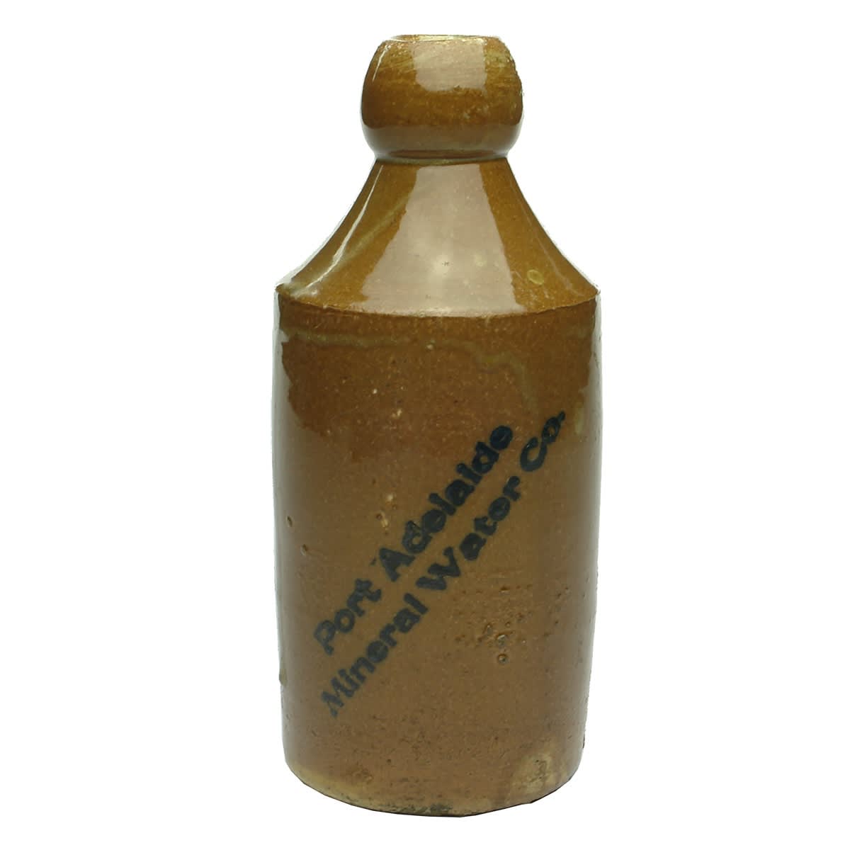 Ginger Beer. Port Adelaide Mineral Water Co. Brown Glaze, black print. Bendigo Pottery. (South Australia)