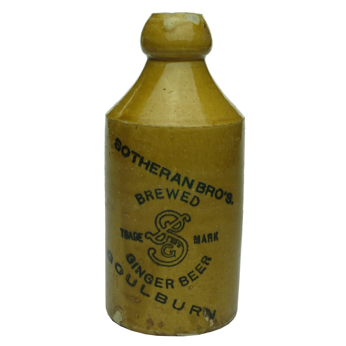 Ginger Beer. Sotheran Bros., Goulburn. Fancy Monogram and angled print. Dump. All tan. Blob top. (New South Wales)