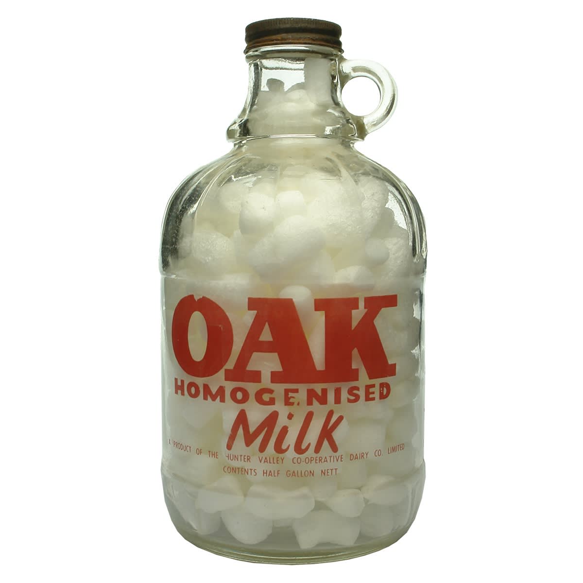 Milk. Oak Homogenised Milk. Hunter Valley Co-operative Dairy Co Ltd. Round jug type. Half Gallon. Red ceramic label. (New South Wales)