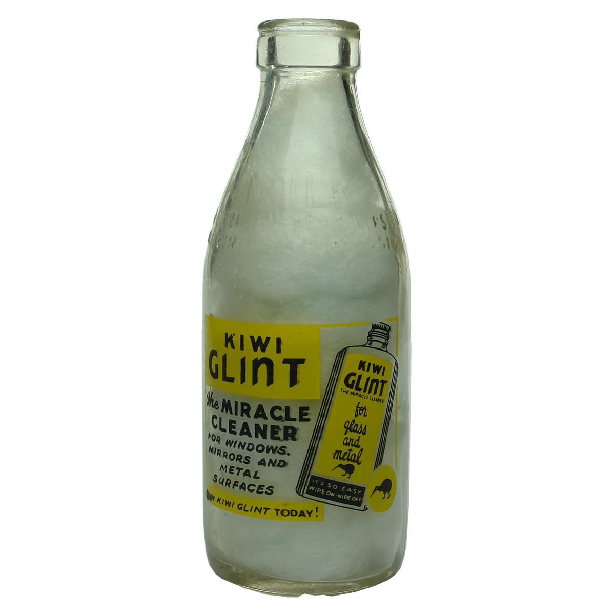 Ceramic Label Advertising Milk. Kiwi Glint. The Miracle Cleaner. Co-operative Milk Containers Ltd. Pint. (Victoria)