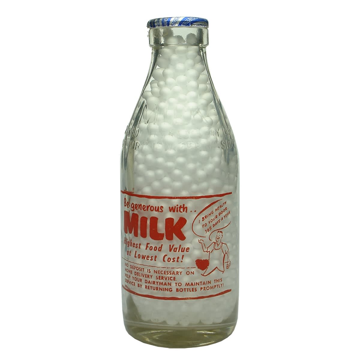 Ceramic Label Milk. Be Generous with Milk. Milk Bottles Recovery Ltd. Foil top. Red print. 1 Pint. (Victoria)