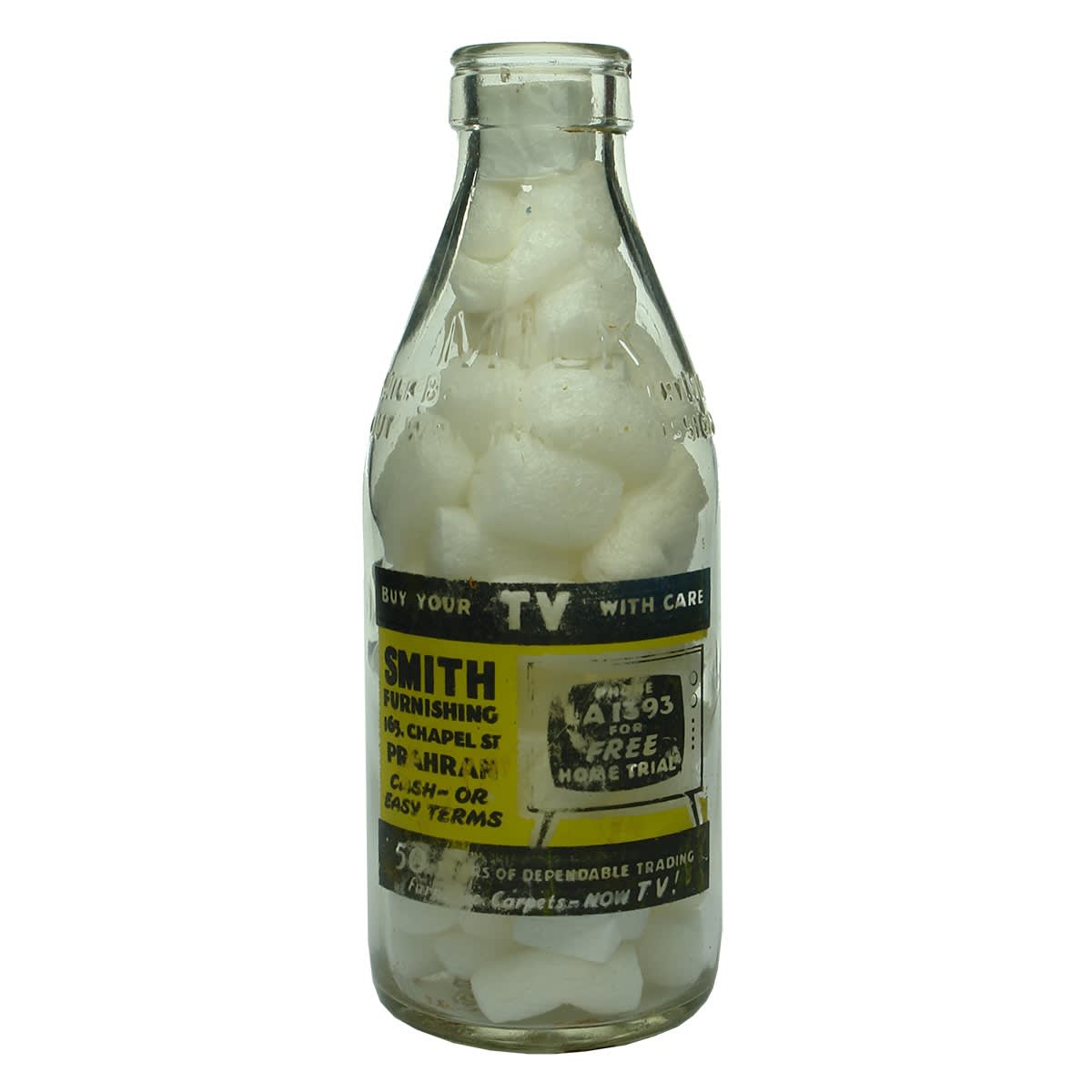 Ceramic Label Advertising Milk. Smith Furnishing, 163 Chapel St, Prahran. Milk Bottles Recovery Ltd. 1 Pint. (Victoria)
