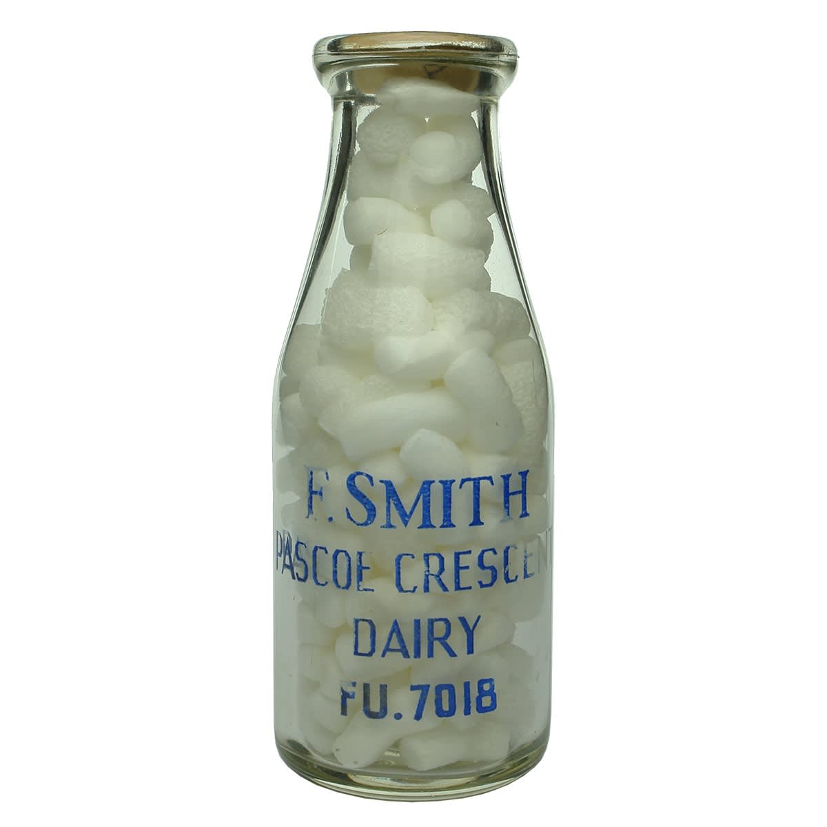 Ceramic Label Milk. F. Smith Pascoe Crescent Dairy (Essendon). Wad lip with F. Smith, Pascoe Crescent Essendon wad. Pint. (Victoria)