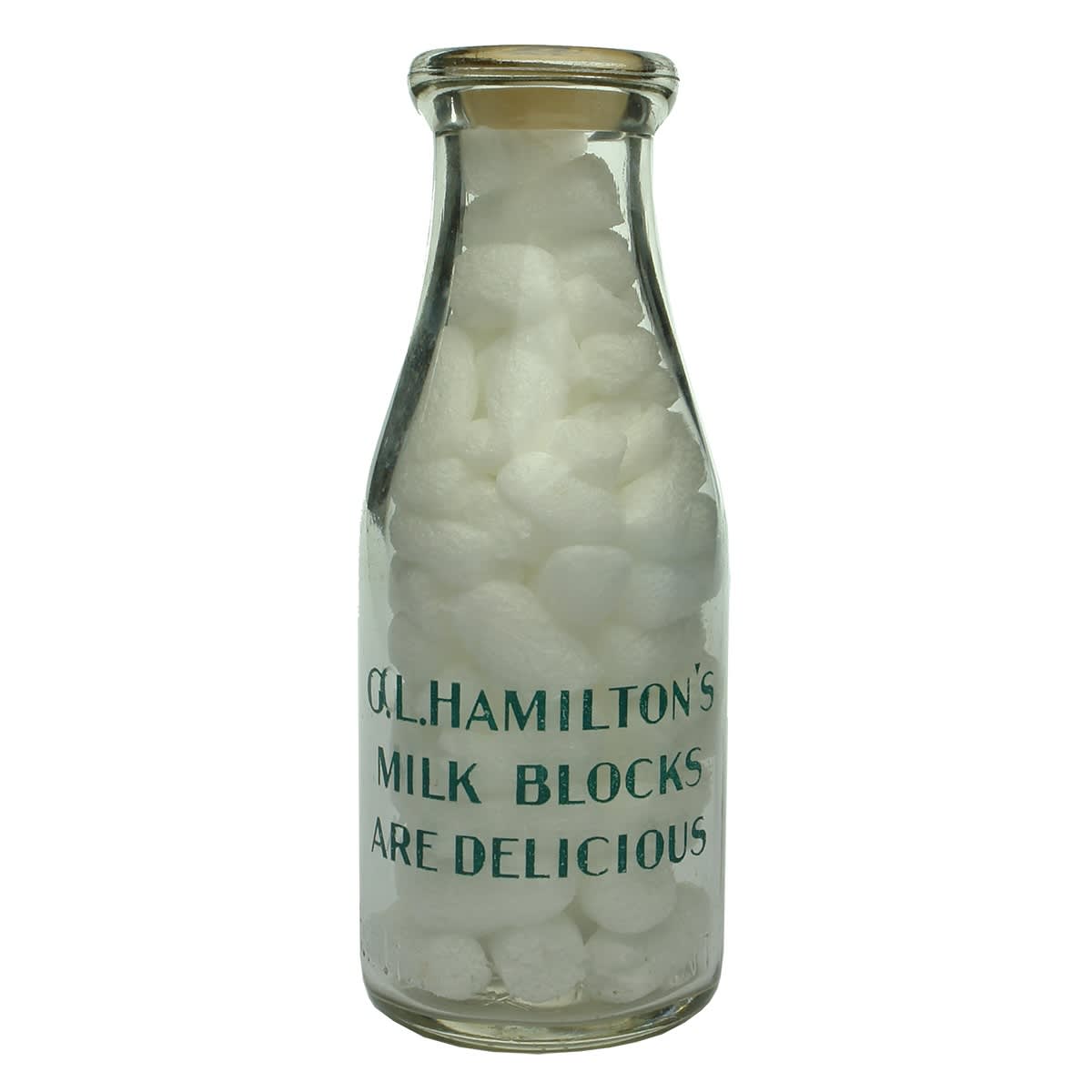 Embossed & Ceramic Label Milk. Kooyong Dairy, G. L. Hamilton, St Kilda. G. L. Hamilton's Milk Blocks are Delicious. Base Number: 164. Pint. (Victoria)