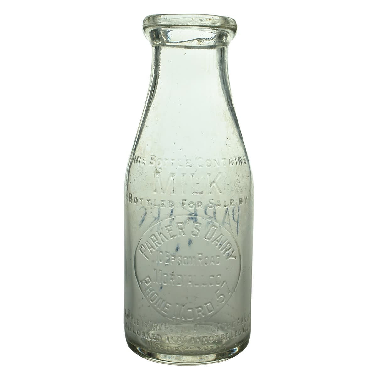 Milk. Parker's Dairy, Epsom Road, Mordialloc. Pint. Remains of blue ceramic label to back. Base Number: 444. (Victoria)