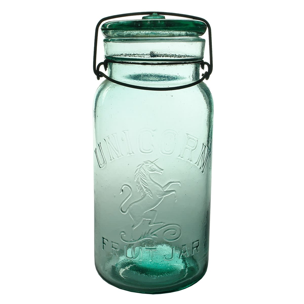 Jar. Unicorn Fruit Jar. Aqua. Half Gallon. (South Australia)