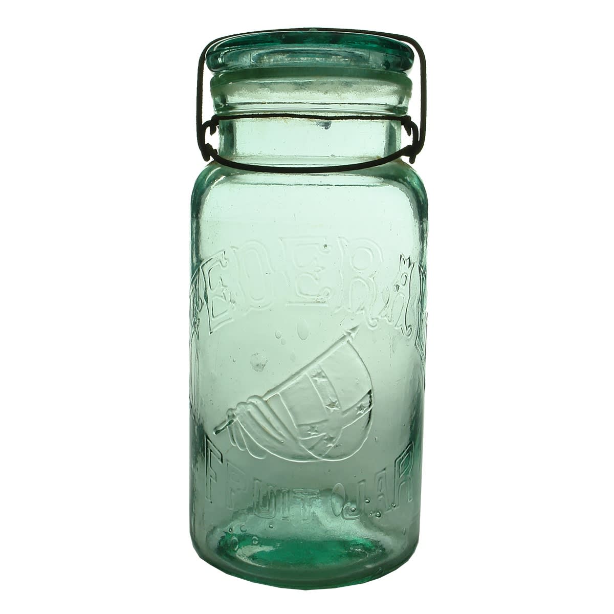 Jar. Federal Fruit Jar. Flag. Aqua. 1/2 Gallon.