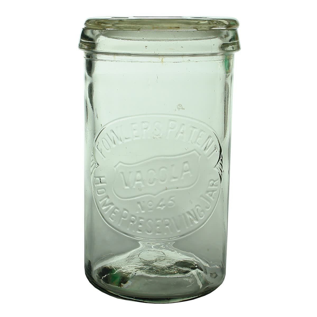 Fruit Jar. Fowlers Patent Vacola No 45. Home Preserving Jar. With Lid. Clear. Quart.