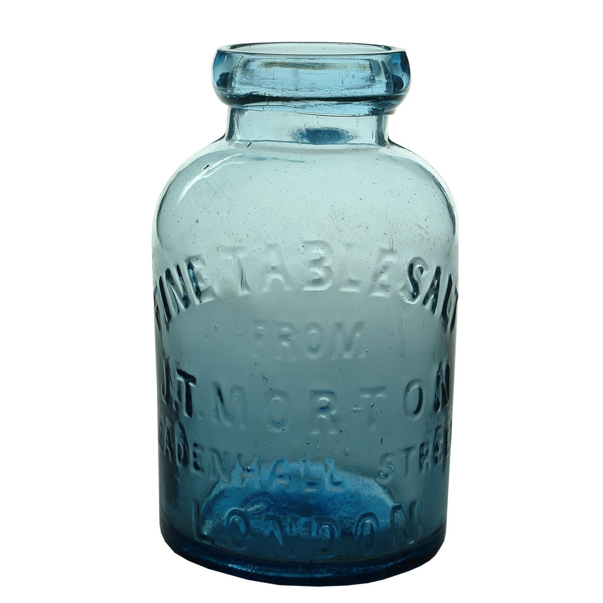 Salt Jar. J. T. Morton, Leadenhall Street, London. Ice Blue. 2 Pound.