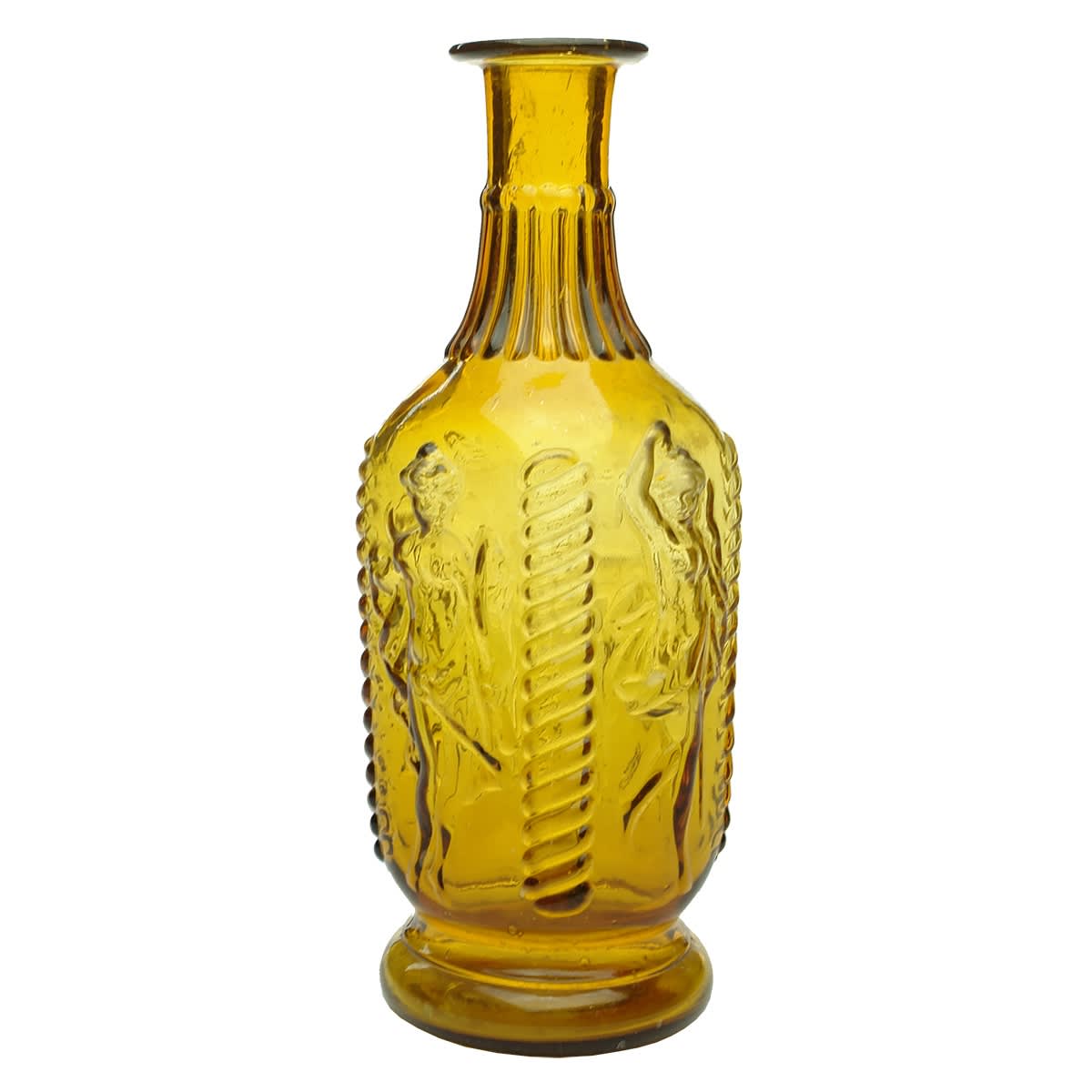 Household. Honey Amber Ornate Table Vinegar or Sauce Depicting Four Greek or Roman Goddesses? Pontilled.