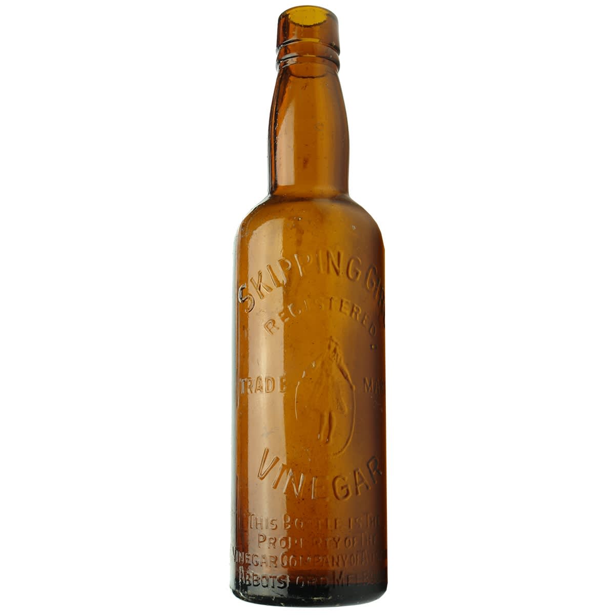 Vinegar. Skipping Girl, Abbotsford, Vinegar Company of Australia. Amber. Cork Top. 13 oz. (Victoria)