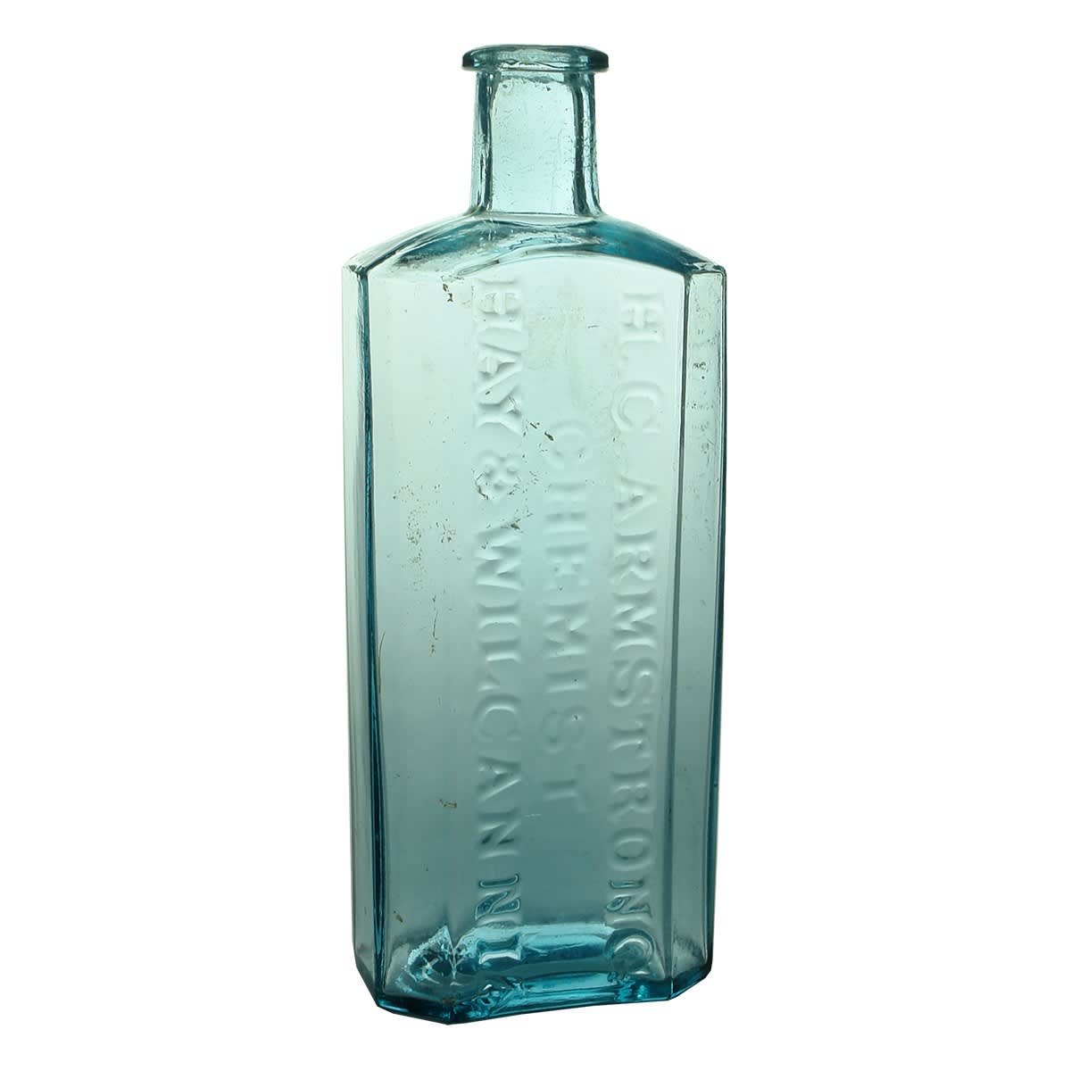 Chemist. H. C. Armstrong, Hay & Wilcannia. Ice Blue. Kilner Bros made. 8 oz. 174 mm. (New South Wales)