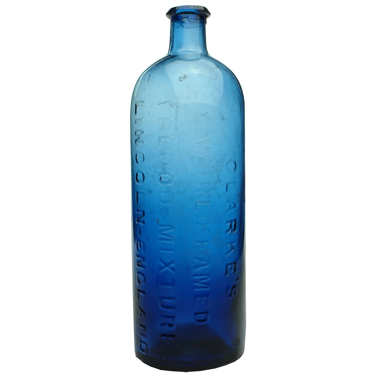 Cure. Clarke's World Famed Blood Mixture Lincoln England. Mid Blue. Quart.
