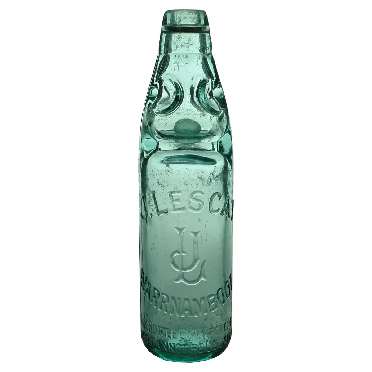 Codd. J. Lescai, Warrnambool. "This bottle is..." around base. AGM. Aqua. Dobson. 10 oz. (Victoria)