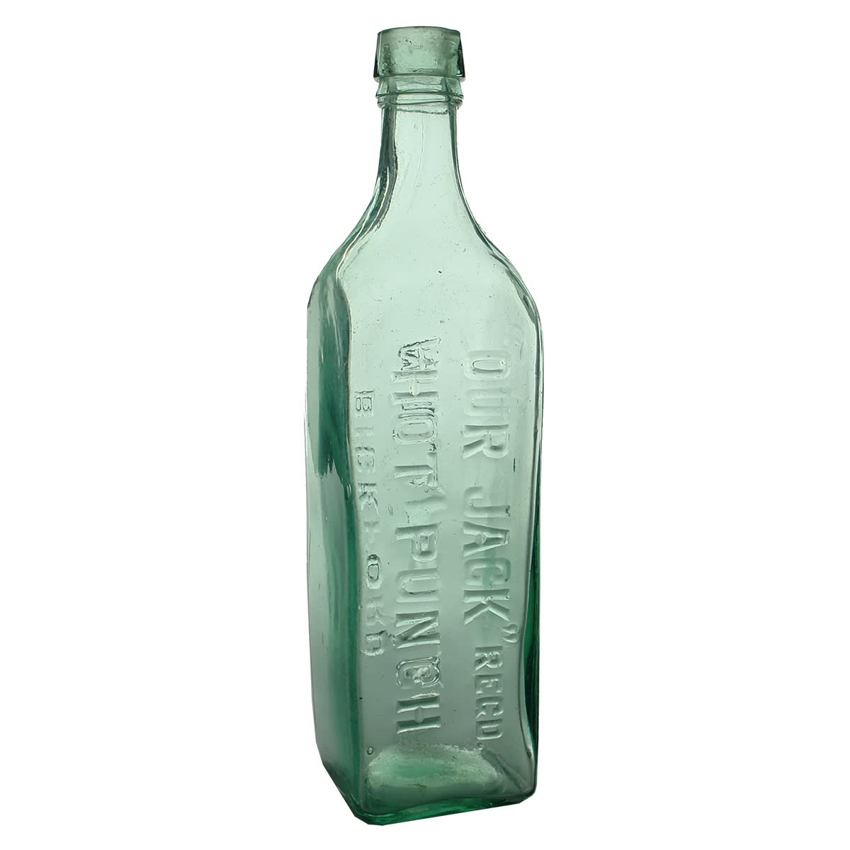 Cordial.  Bickford, Adelaide, Our Jack Hot Punch.  Aqua. Applied top. 26 oz. (South Australia)