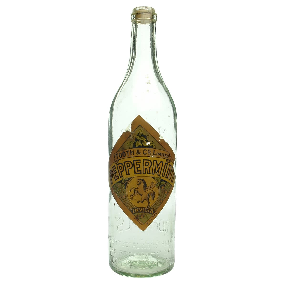 Cordial. Tooth's Invicta Cordials, original Peppermint label. Aqua. 1 Pint, 6 Oz. (New South Wales)