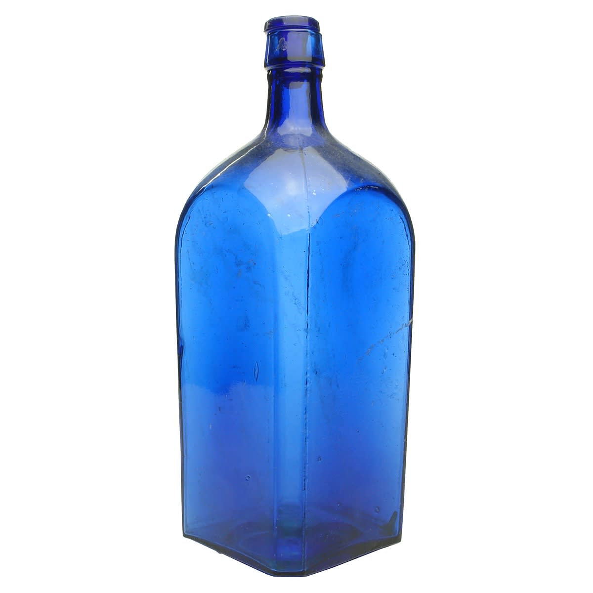 Spirits. Quart square cobalt bottle with stopper.