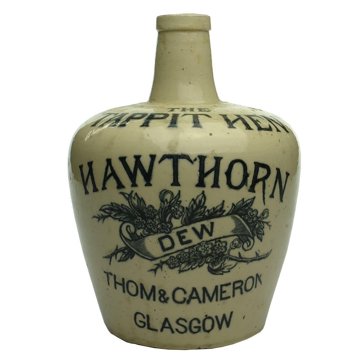 Whisky Jug. Tappit Hen, Hawthorn Dew, Thom & Cameron, Glasgow. Black & White.