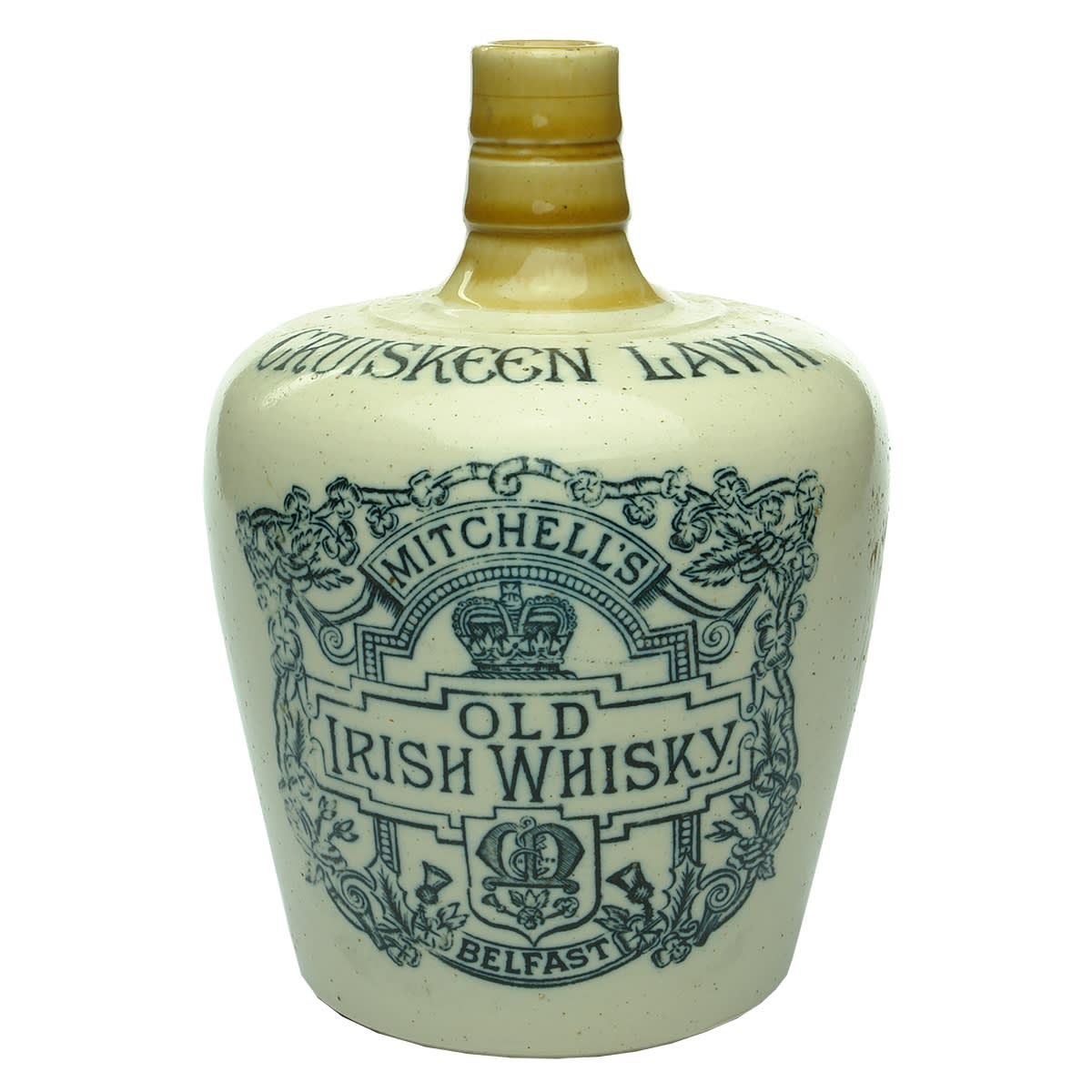 Whisky Jug. Mitchell's Old Irish Whisky, Belfast. Cruiskeen Lawn. Midland Pottery, 1 Quart. (Ireland)