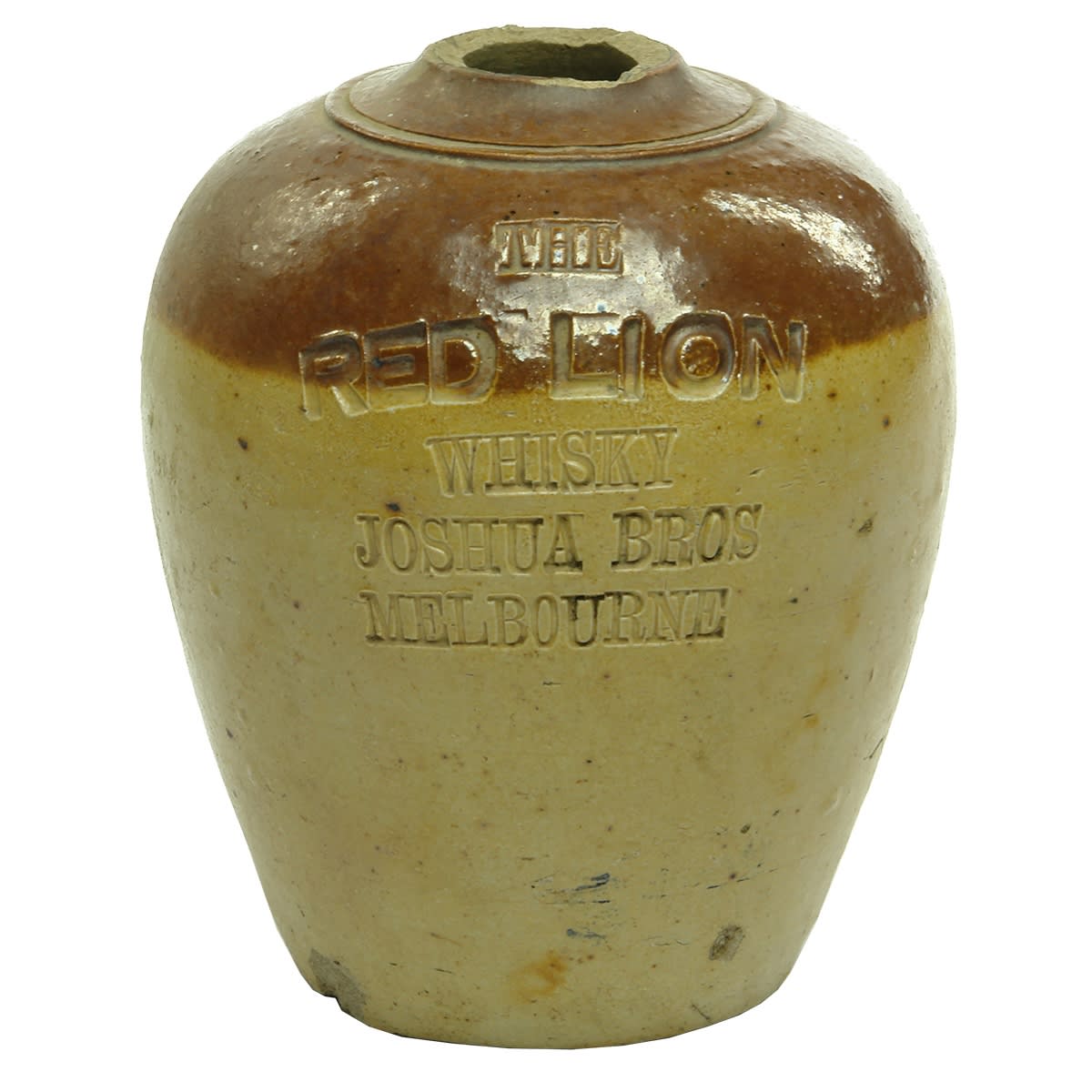 Whisky Jug. The Red Lion Whisky. Joshua Bros., Melbourne. Round type. Quart. (Victoria)